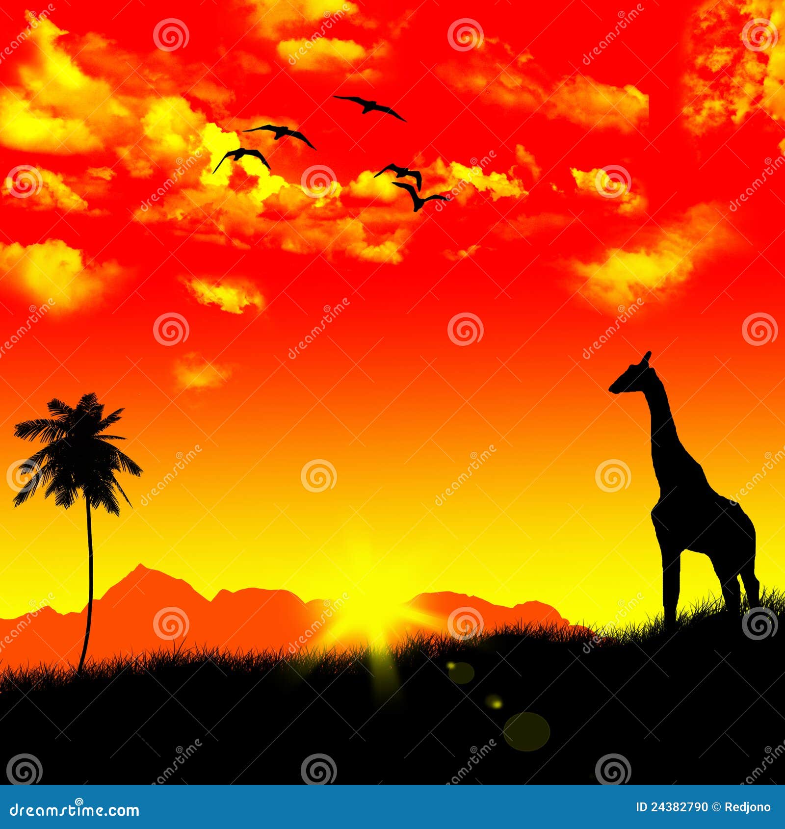 σαβάνα. Giraffe γραφικό δέντρο ηλιοβασιλέματος ανατολής σαβανών φοινικών