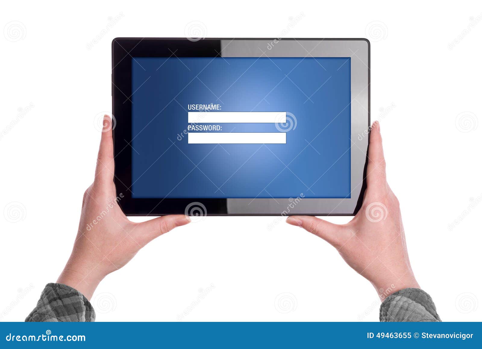 Σελίδα σύνδεσης στον ψηφιακό υπολογιστή ταμπλετών. Χέρια που κρατούν τον ψηφιακό υπολογιστή ταμπλετών με τη μορφή ιστοσελίδας σύνδεσης που επιδεικνύεται