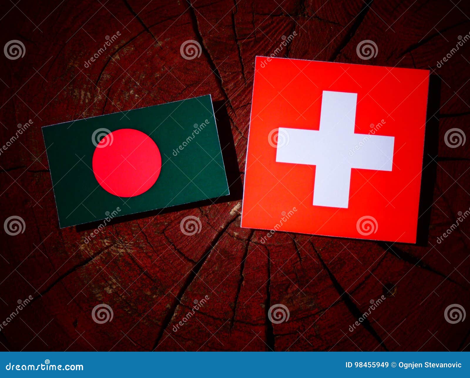 Σημαία του Μπανγκλαντές με την ελβετική σημαία σε ένα κολόβωμα δέντρων