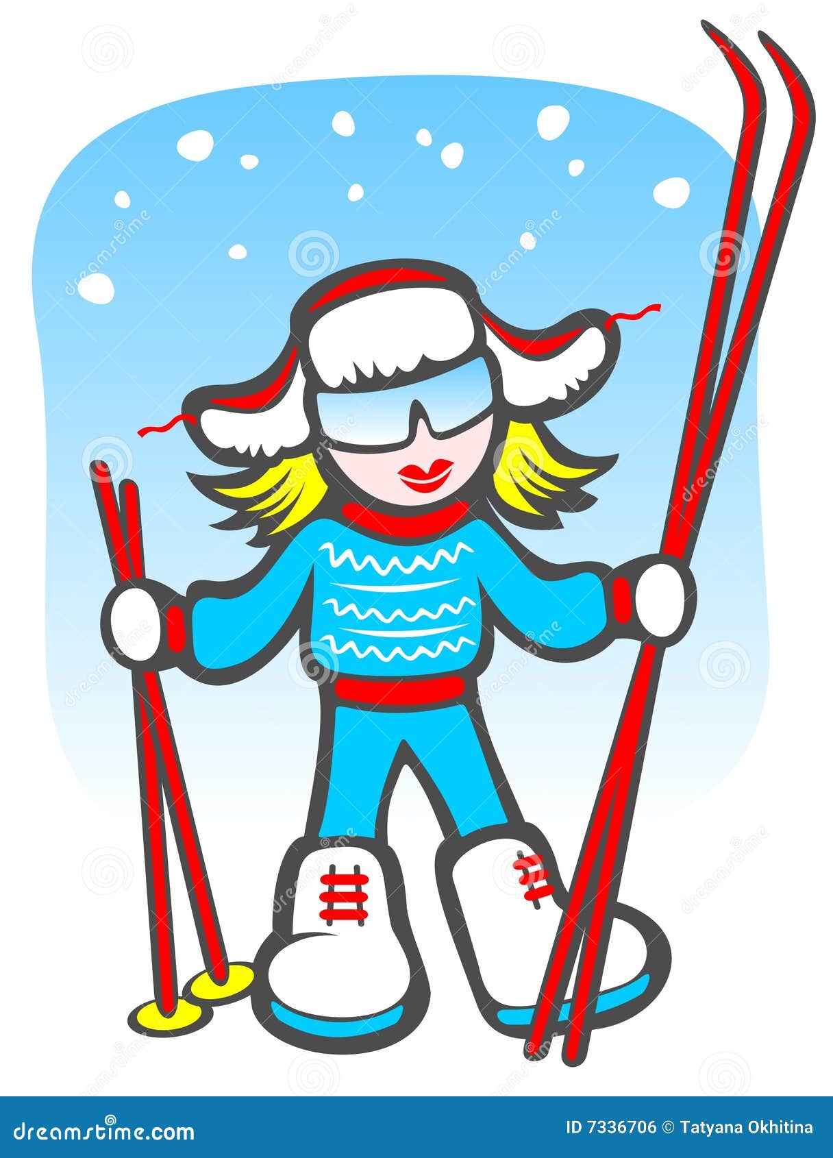 Мультяшный ребенок с лыжами