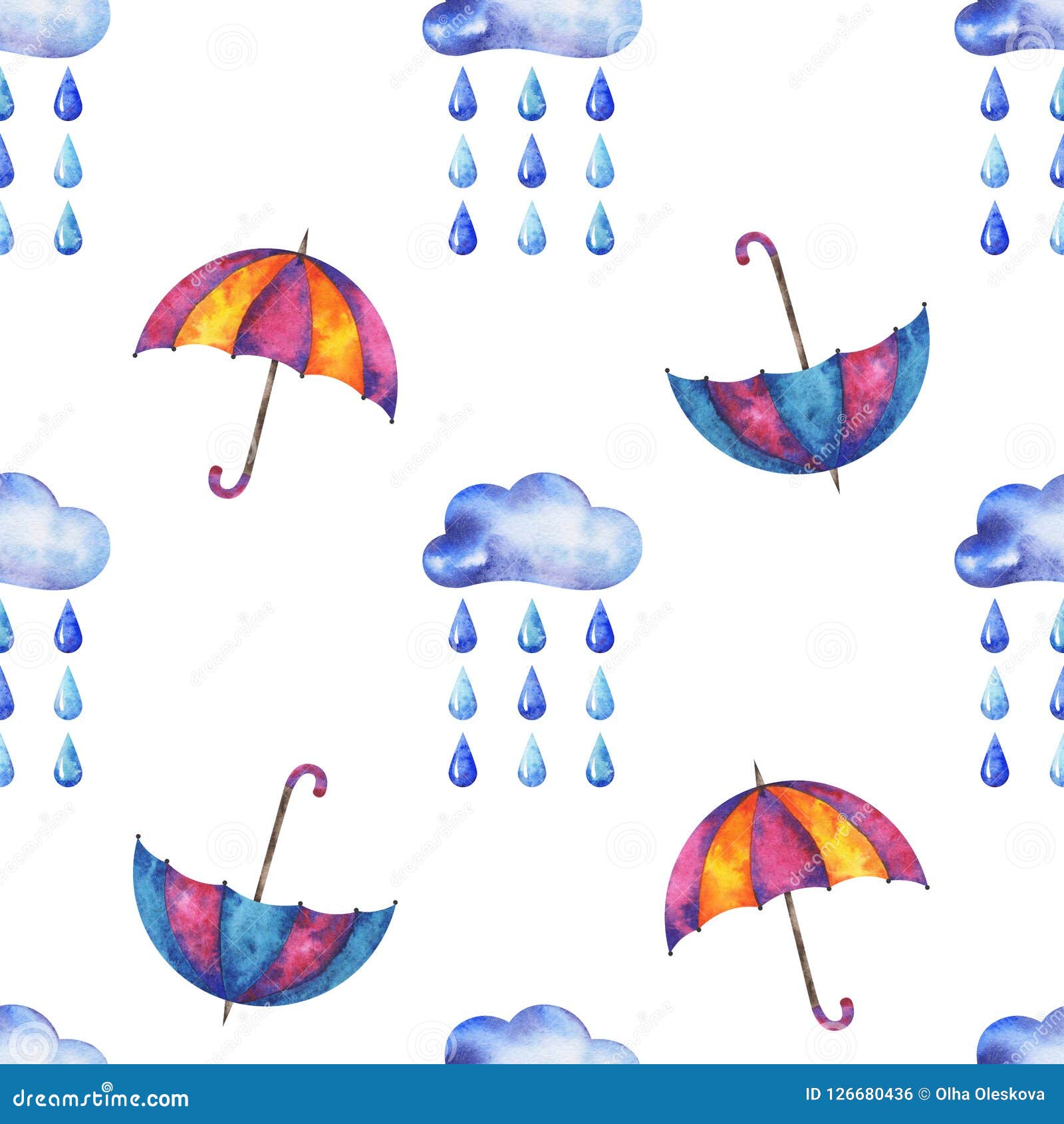 Συρμένο χέρια άνευ ραφής σχέδιο φθινοπώρου watercolor με τα σύννεφα, τις σταγόνες βροχής και την ομπρέλα στο άσπρο υπόβαθρο για το σχέδιό σας