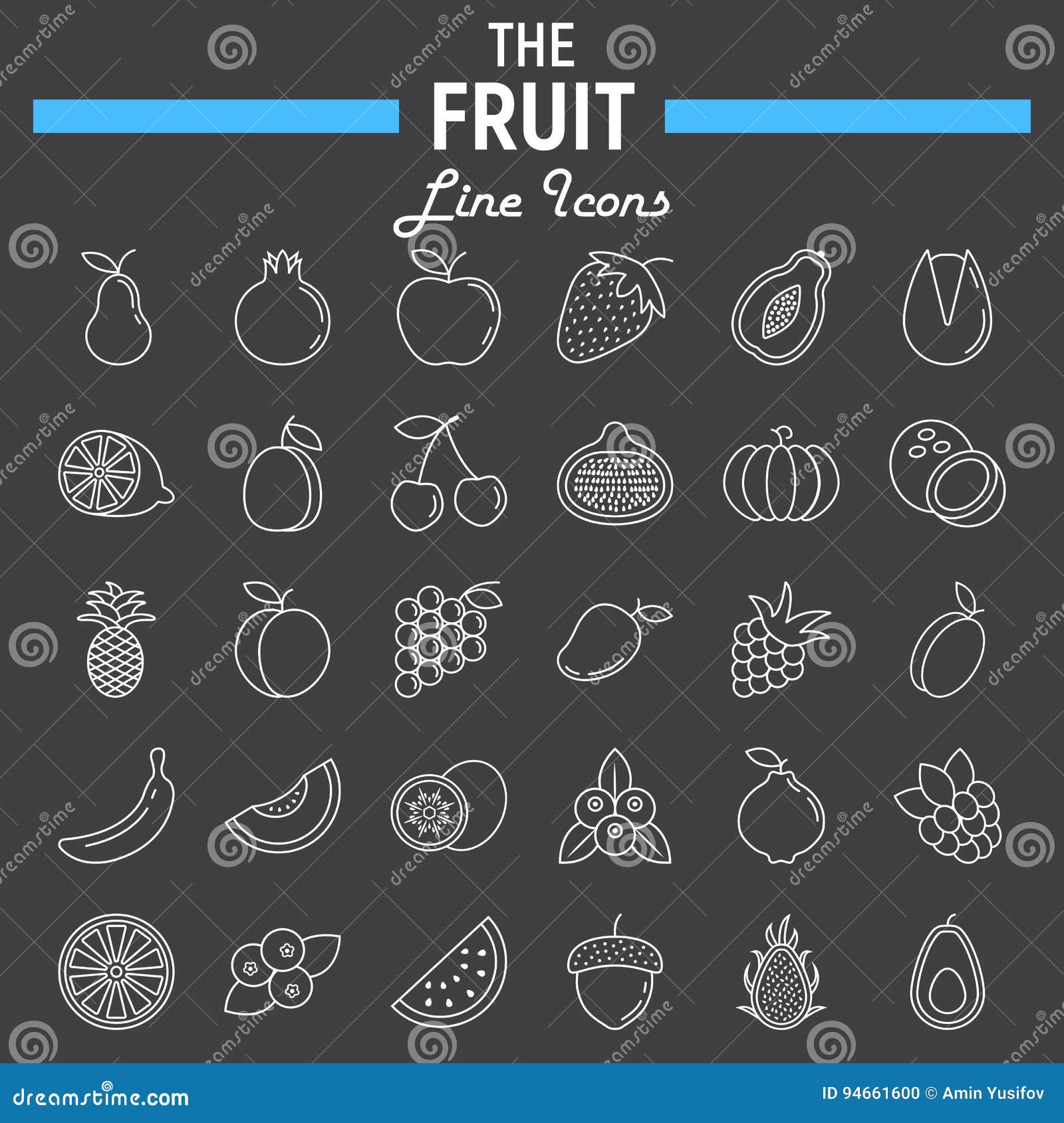 Σύνολο εικονιδίων γραμμών φρούτων, συλλογή συμβόλων τροφίμων, χορτοφάγα διανυσματικά σκίτσα, απεικονίσεις λογότυπων, γραμμική συσκευασία εικονογραμμάτων που απομονώνεται στο μαύρο υπόβαθρο, eps 10