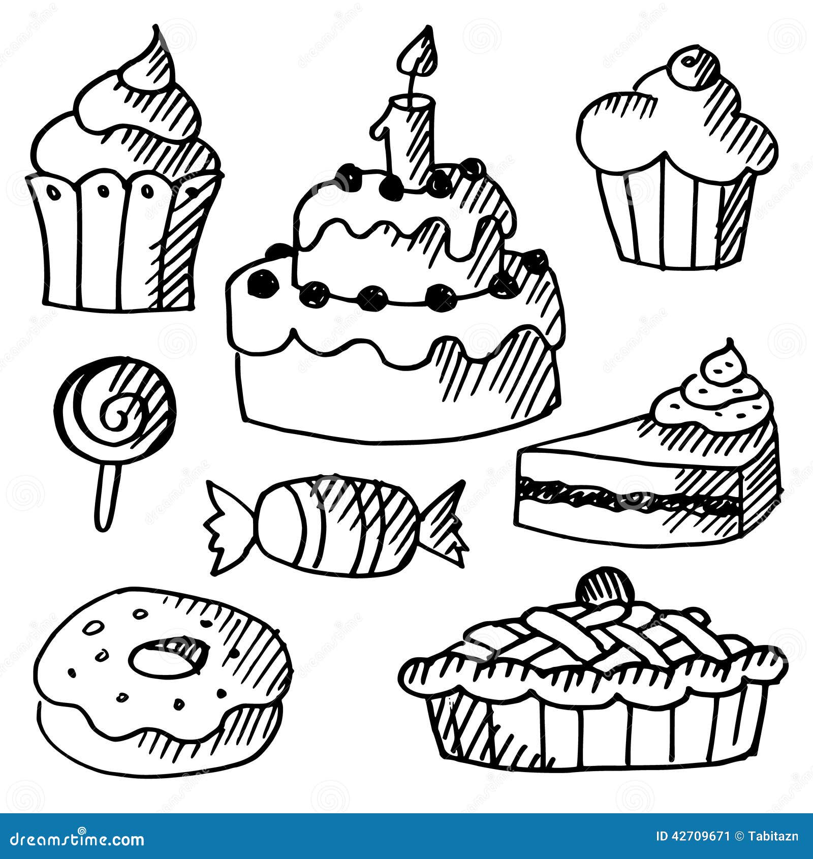 Σύνολο κέικ, cupcakes, γλυκά, doodle σκίτσα. Το σύνολο διάφορων γλυκών, κέικ και cupcakes, ο Μαύρος απομόνωσε doodle τα σκίτσα, απεικονίσεων