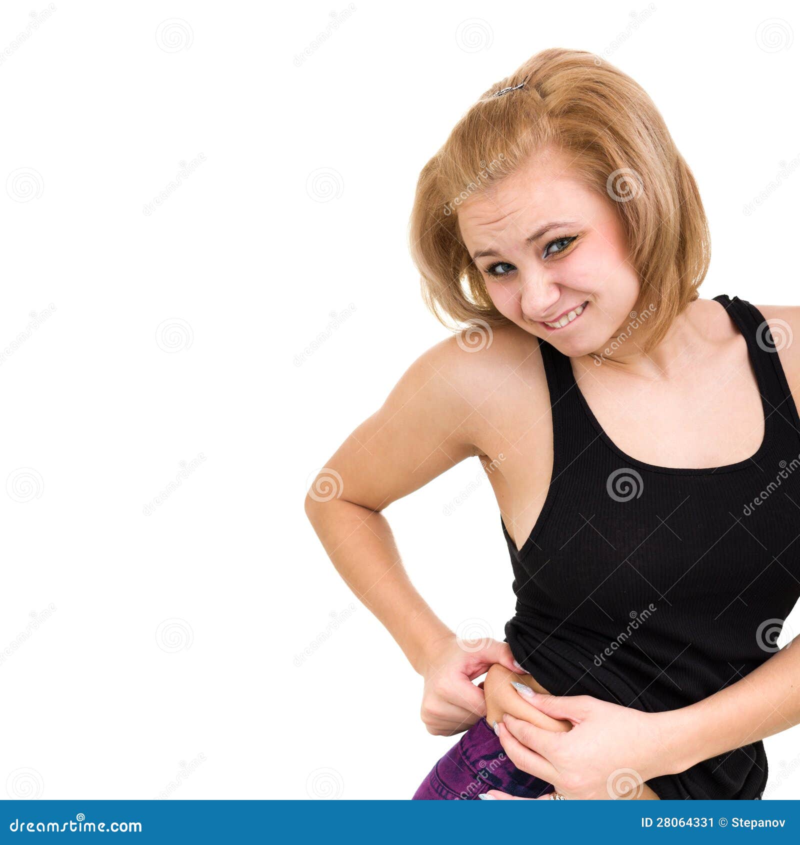 Χρόνος να χαθεί το βάρος! Το κορίτσι εμφανίζει λίπος της, που απομονώνεται στην άσπρη ανασκόπηση