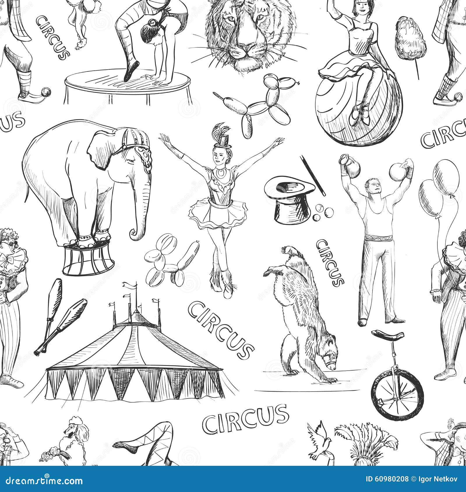 Το σκίτσο περιβάλλει το άνευ ραφής σχέδιο με τον αθλητή, ζώα, διανυσματική απεικόνιση μάγων