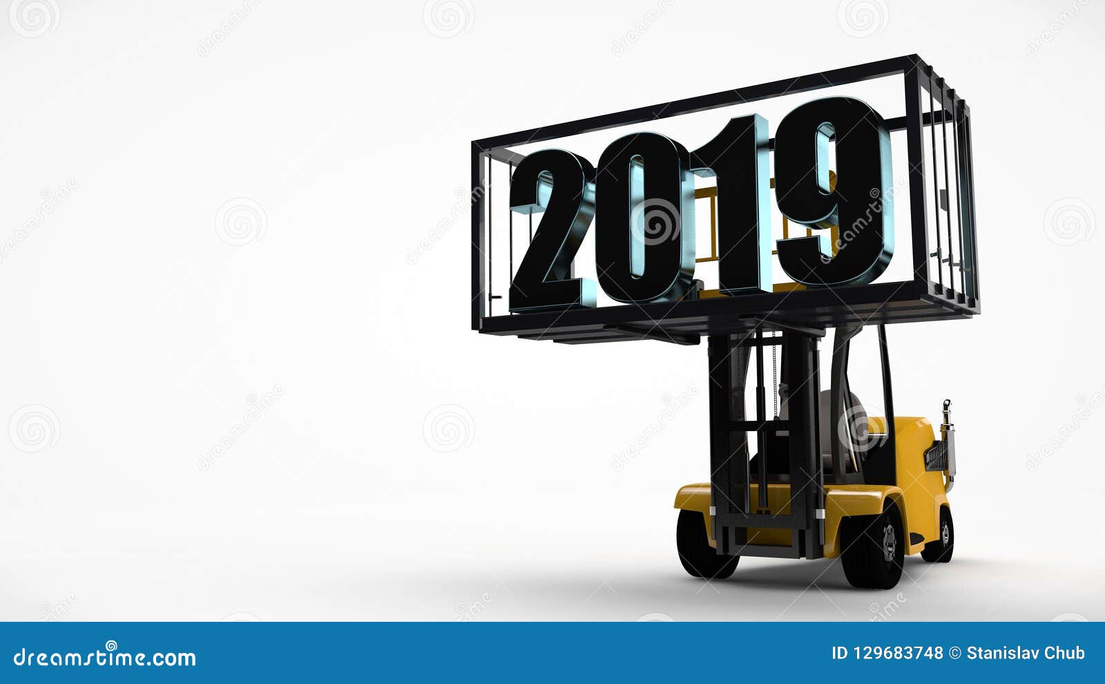 τρισδιάστατη απεικόνιση forklift που ανύψωσε ένα εμπορευματοκιβώτιο με μια νέα ημερομηνία έτους 2019 Η ιδέα για ένα ημερολόγιο, που μεταφέρει το μέλλον από την προηγούμενη τρισδιάστατη απόδοση, απομόνωσε την εικόνα στο άσπρο υπόβαθρο