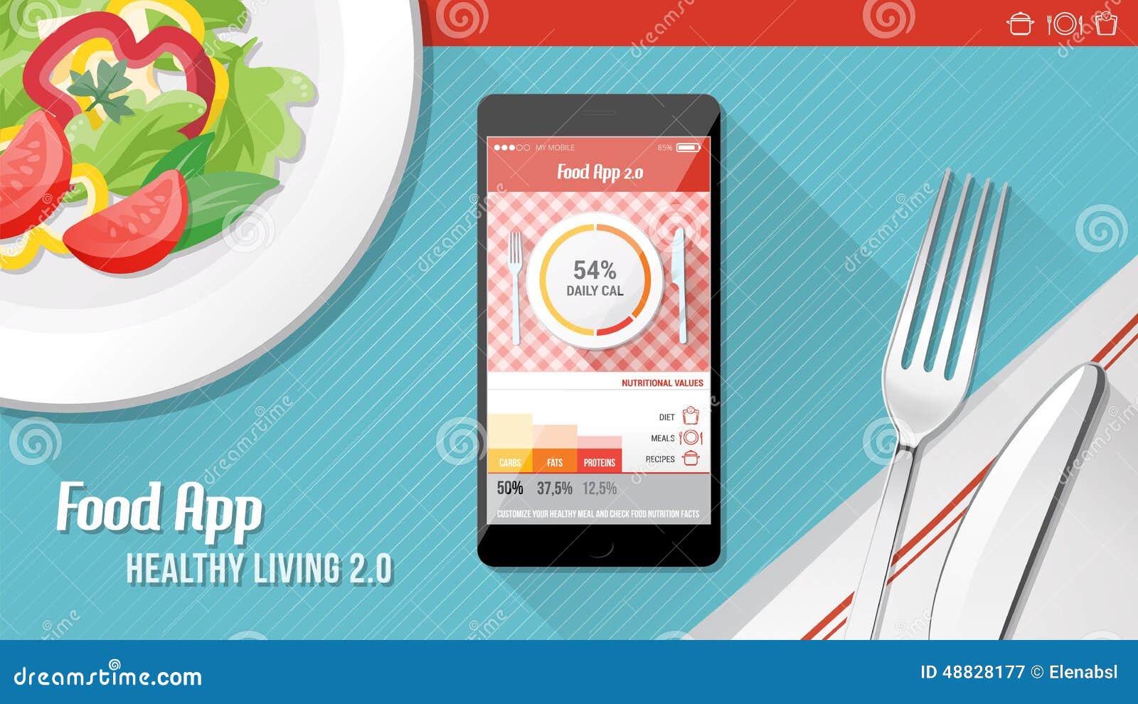 Τρόφιμα app στο κινητό τηλέφωνο οθόνης αφής με το πιάτο σαλάτας, μαχαίρι αγγελιών δικράνων