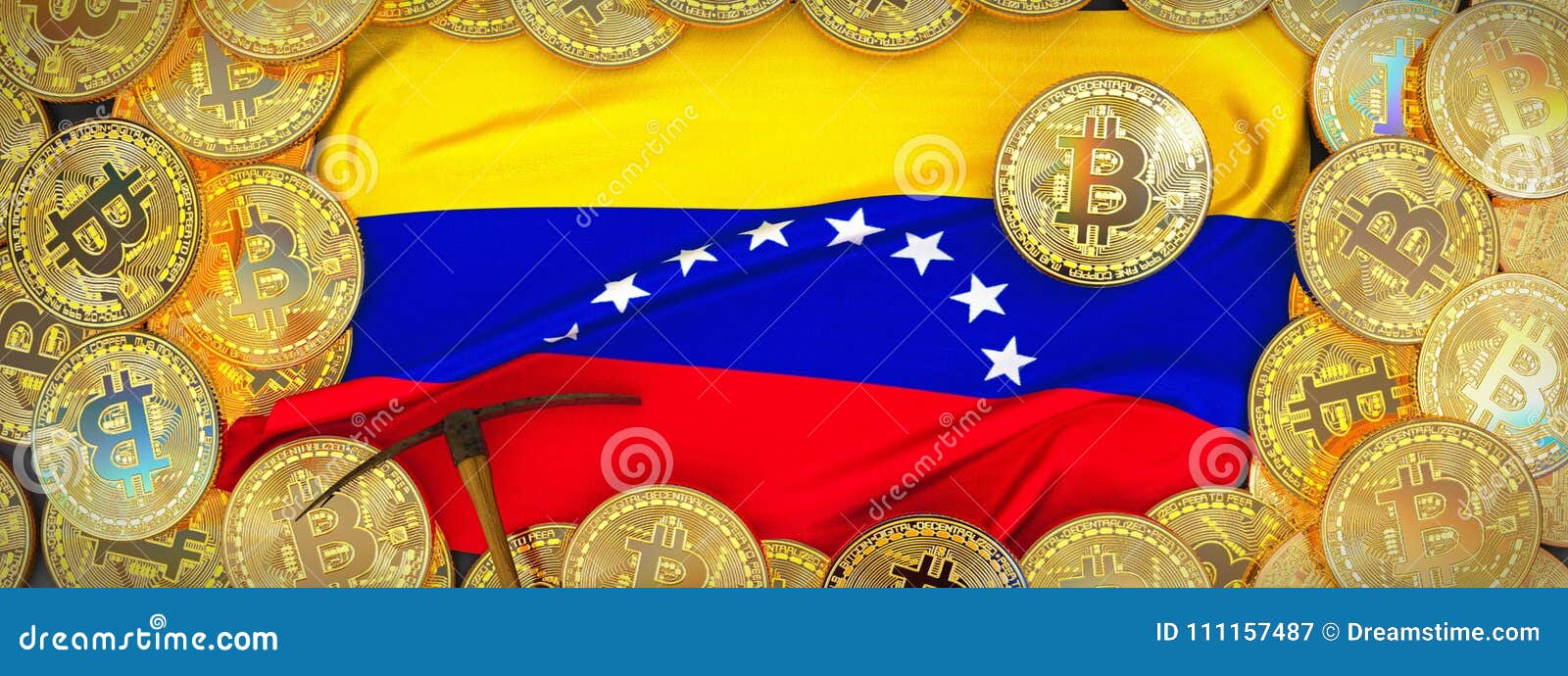 Χρυσός Bitcoins γύρω από τη σημαία της Βενεζουέλας και αξίνα στο αριστερό τρισδιάστατη απεικόνιση