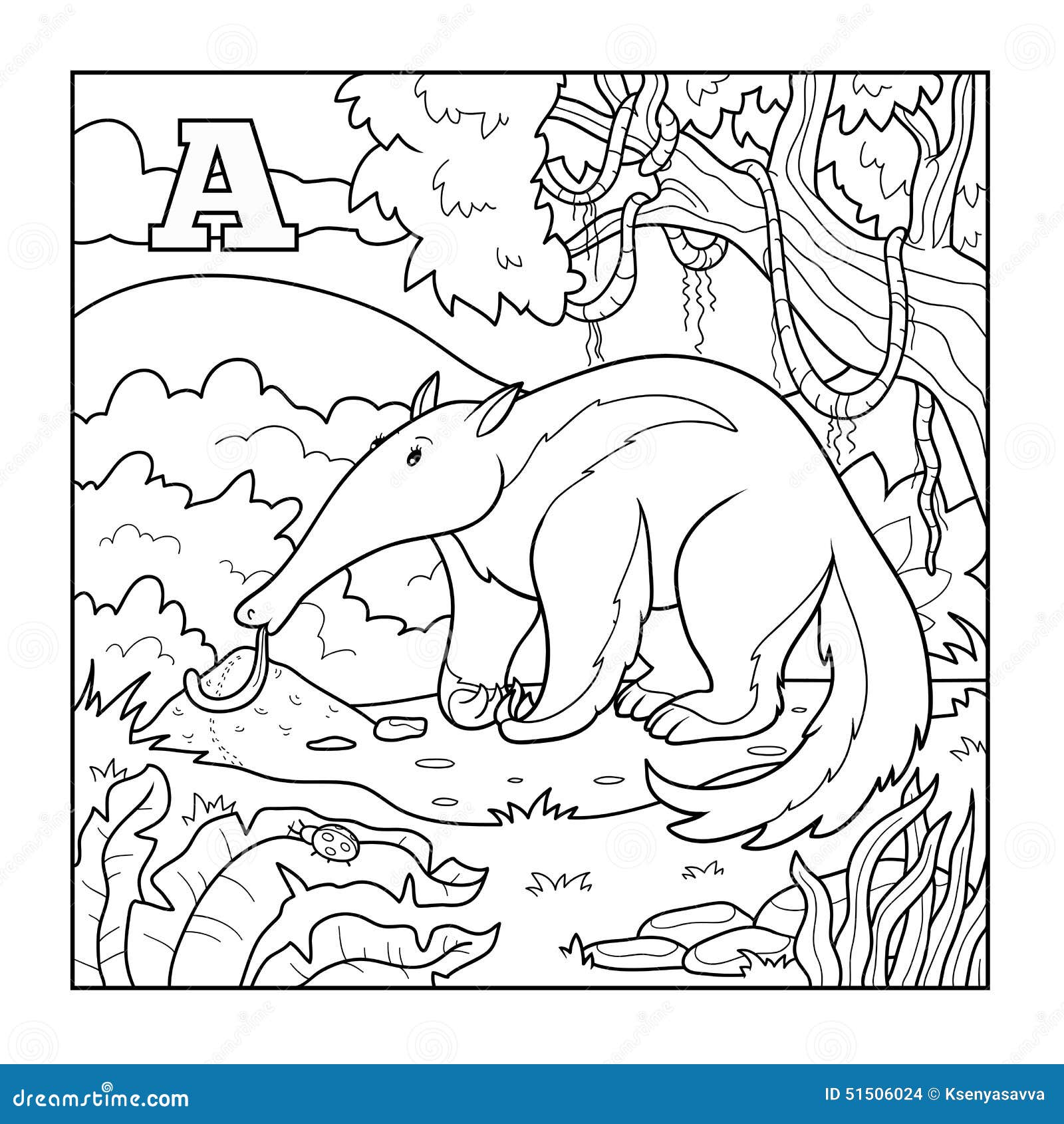 Χρωματίζοντας βιβλίο (anteater), άχρωμη απεικόνιση (γράμμα Α). Χρωματίζοντας βιβλίο για τα παιδιά (anteater), άχρωμη απεικόνιση (γράμμα Α)