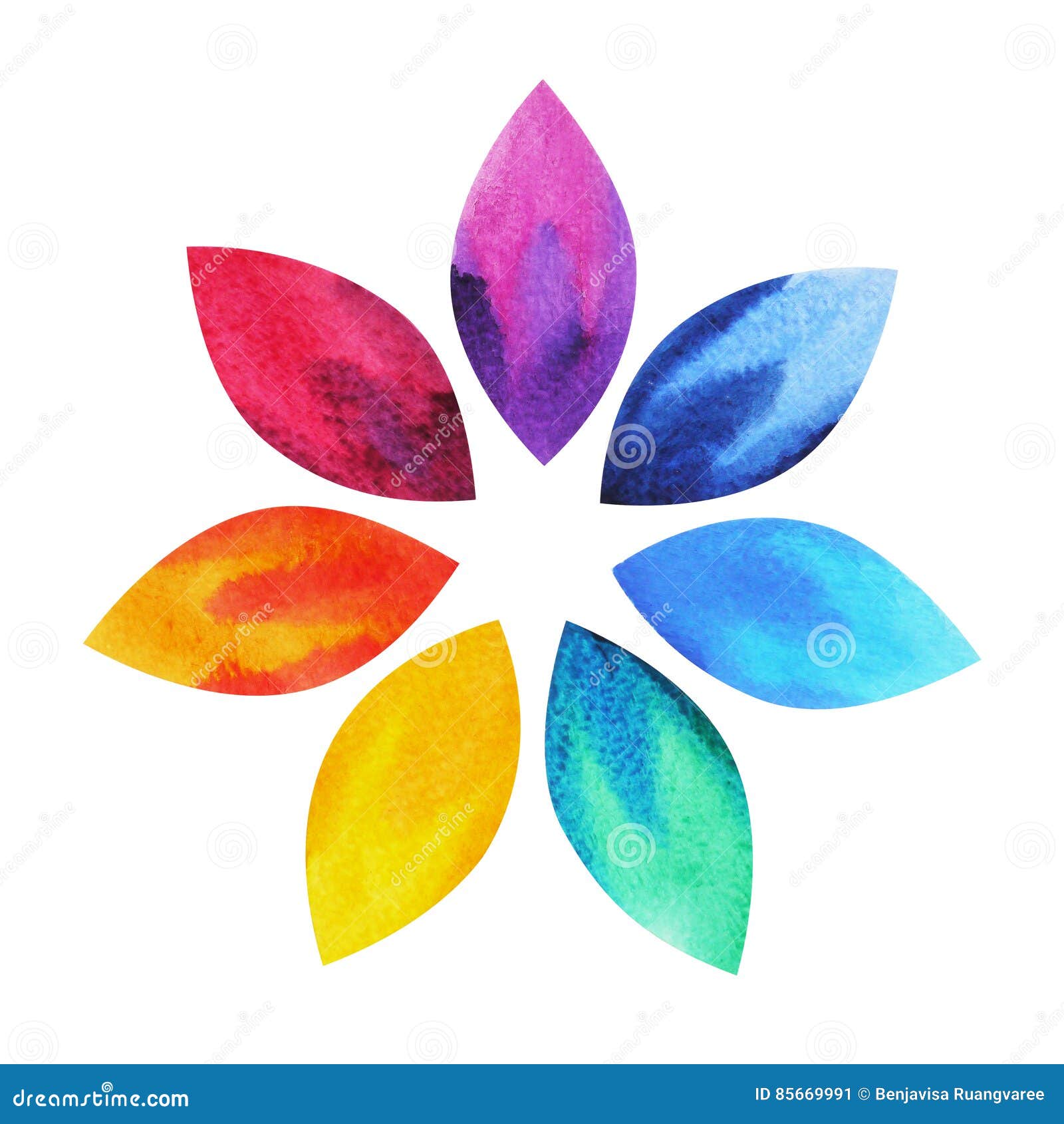 χρώμα 7 του συμβόλου σημαδιών chakra, ζωηρόχρωμο εικονίδιο λουλουδιών λωτού, χέρι ζωγραφικής watercolor που σύρεται, σχέδιο απεικόνισης