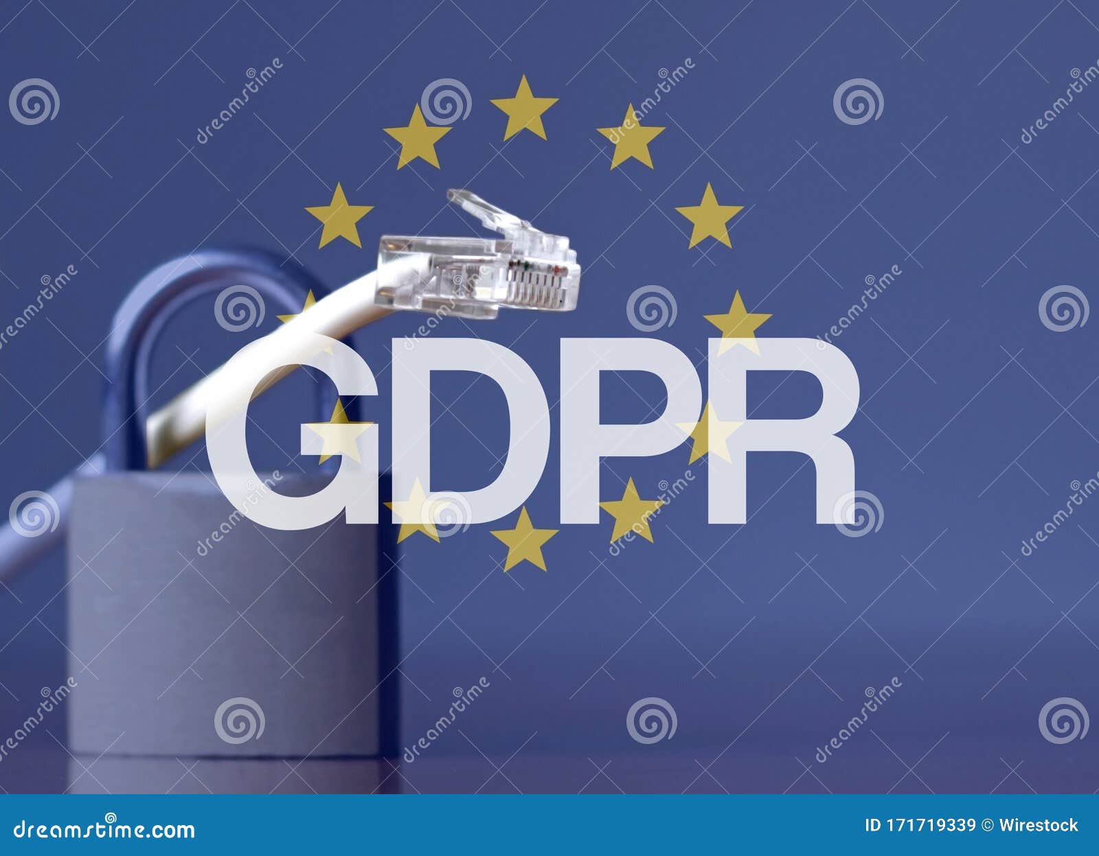Аббревиатура Gdpr против флага ес и Padlock и кабеля Ethernet Стоковое ...