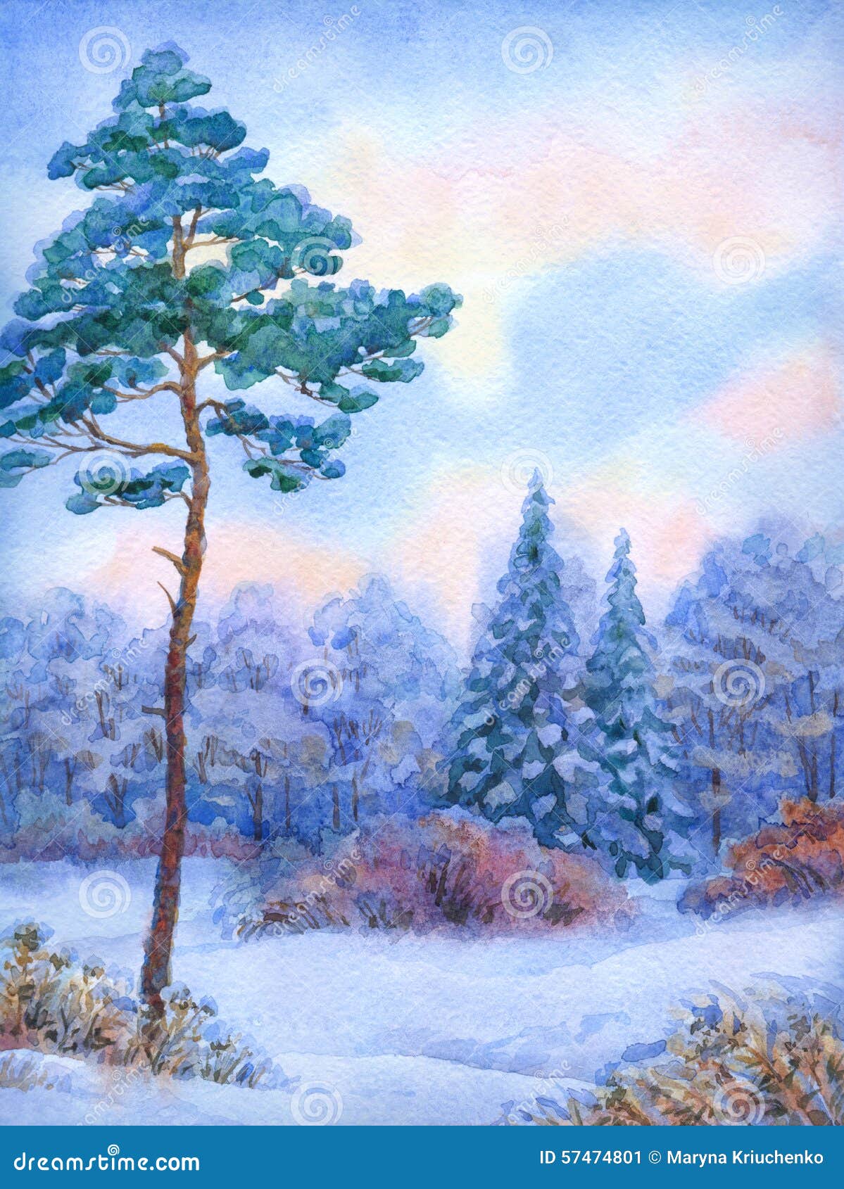 Зимний пейзаж с сосной гуашь