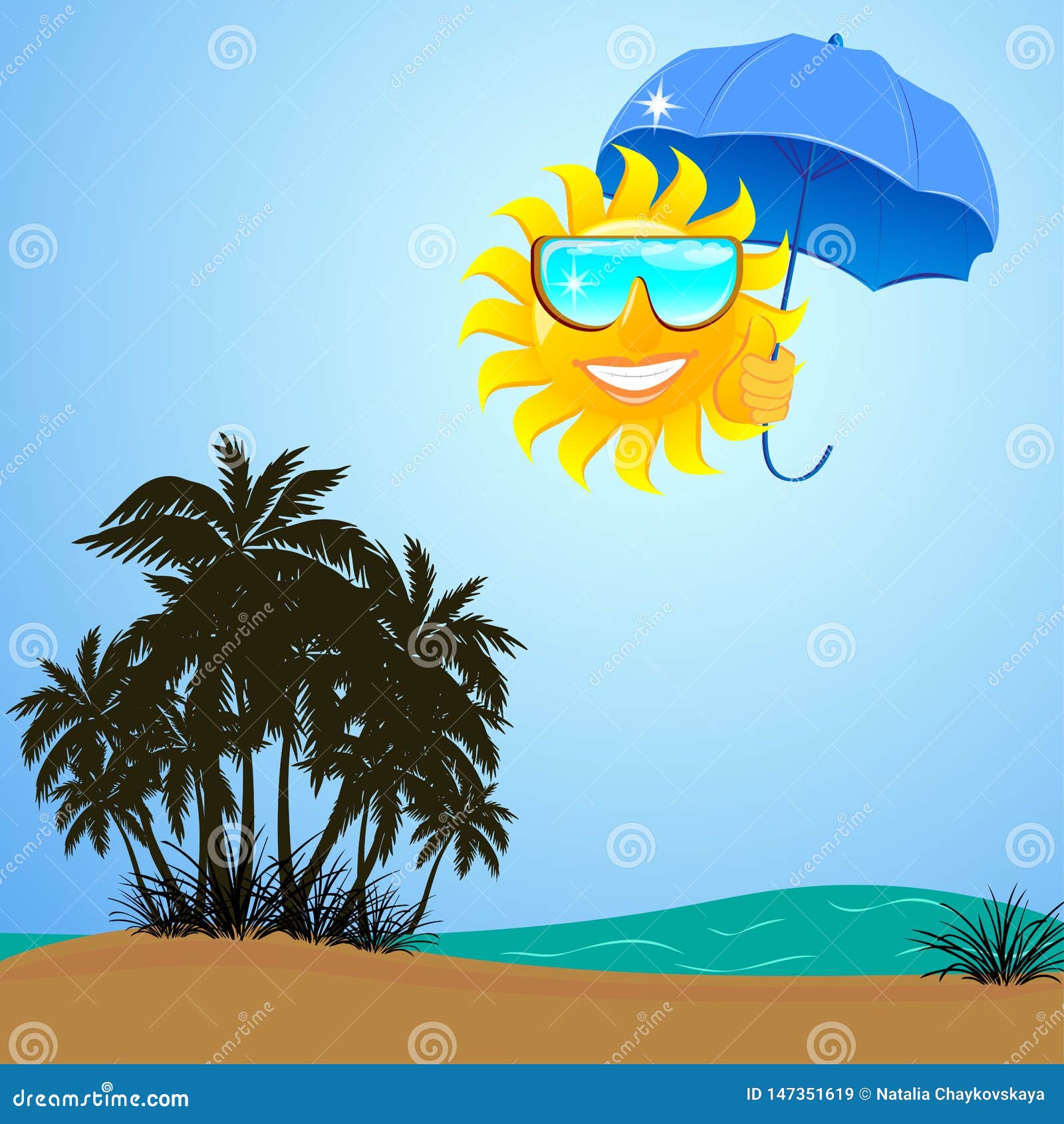 Palm Beach Sea Sun Under Umbrella Smiling Stock Illustration