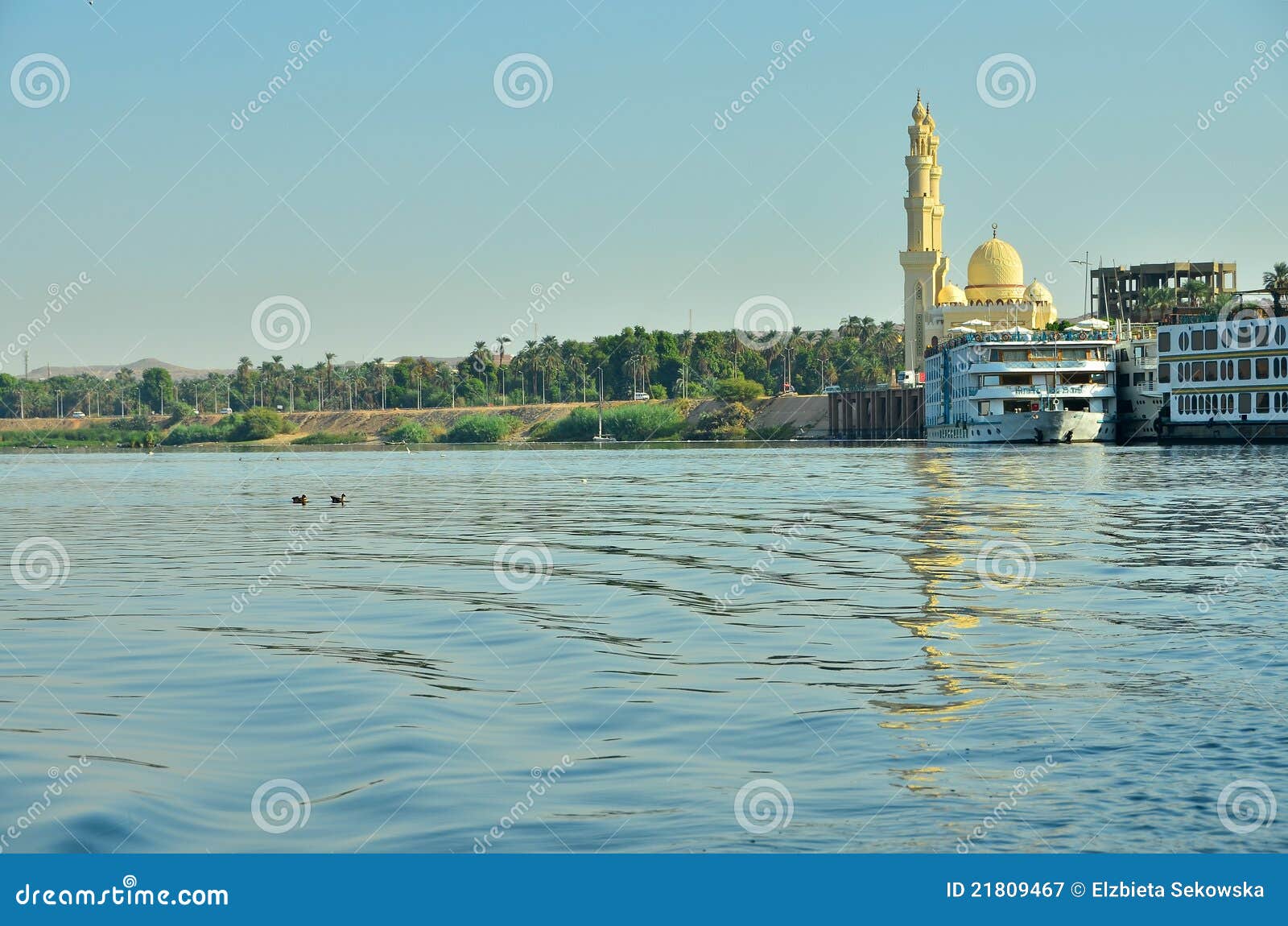 берег реки aswan Египета. река Нила мечети Египета шлюпок aswan