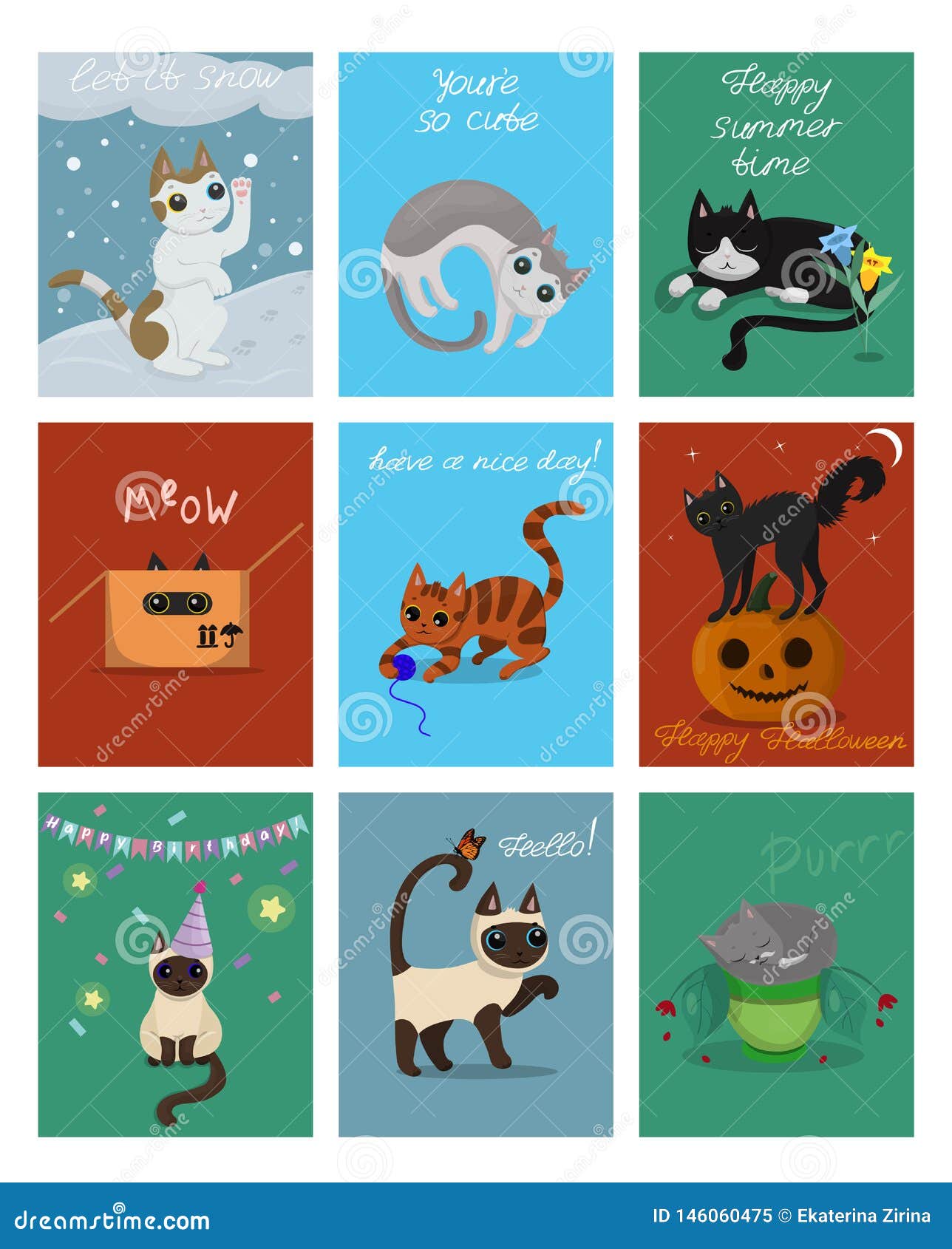 Большой набор 9 карт с котятами Открытки для рождества, хеллоуина, дня рождения и других Искусство зажима вектора. Большой набор 9 карт с котятами Открытки для рождества, хеллоуина, дня рождения и других r