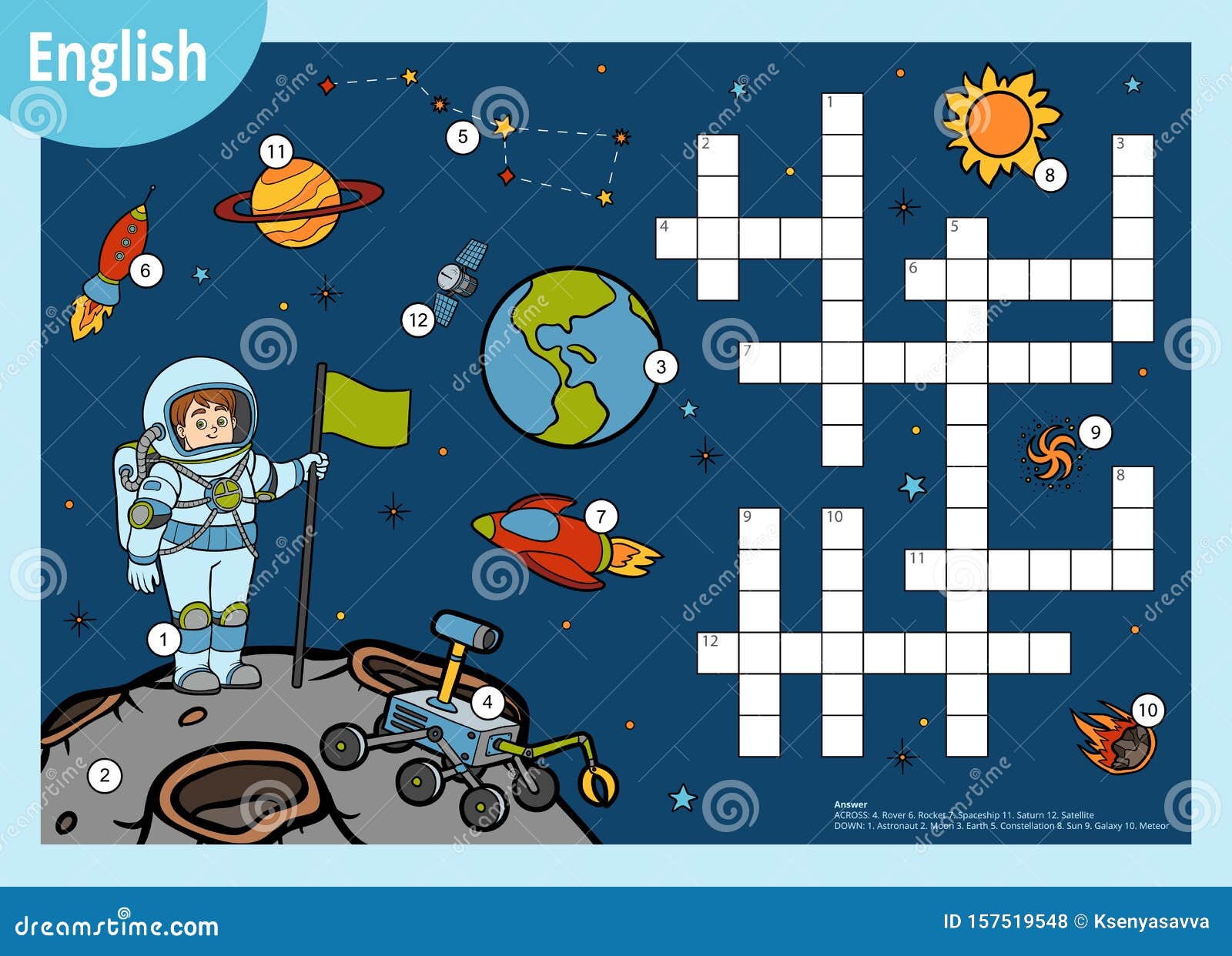 Векторный красочный кроссворд на английском, образовательная игра для детей о космосе Карикатурные астронавты и космические объекты