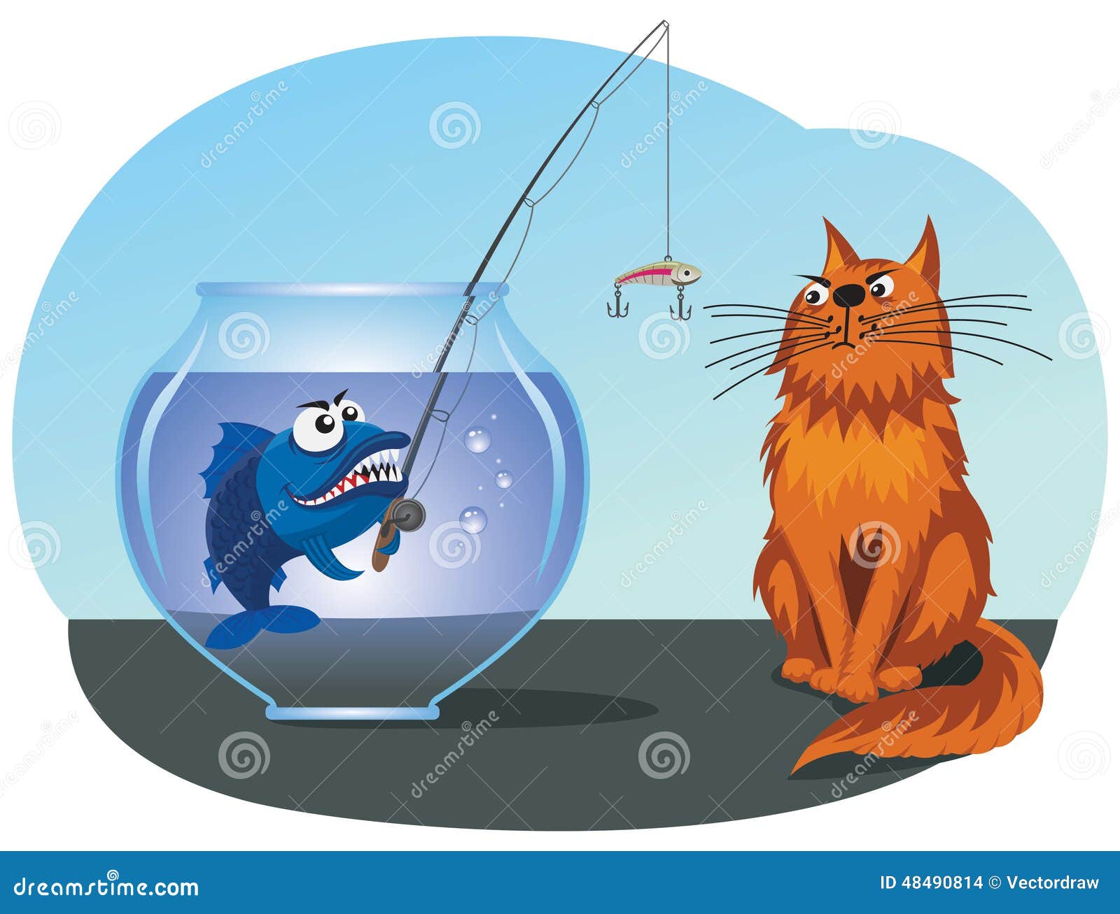 Карикатура кот и рыба
