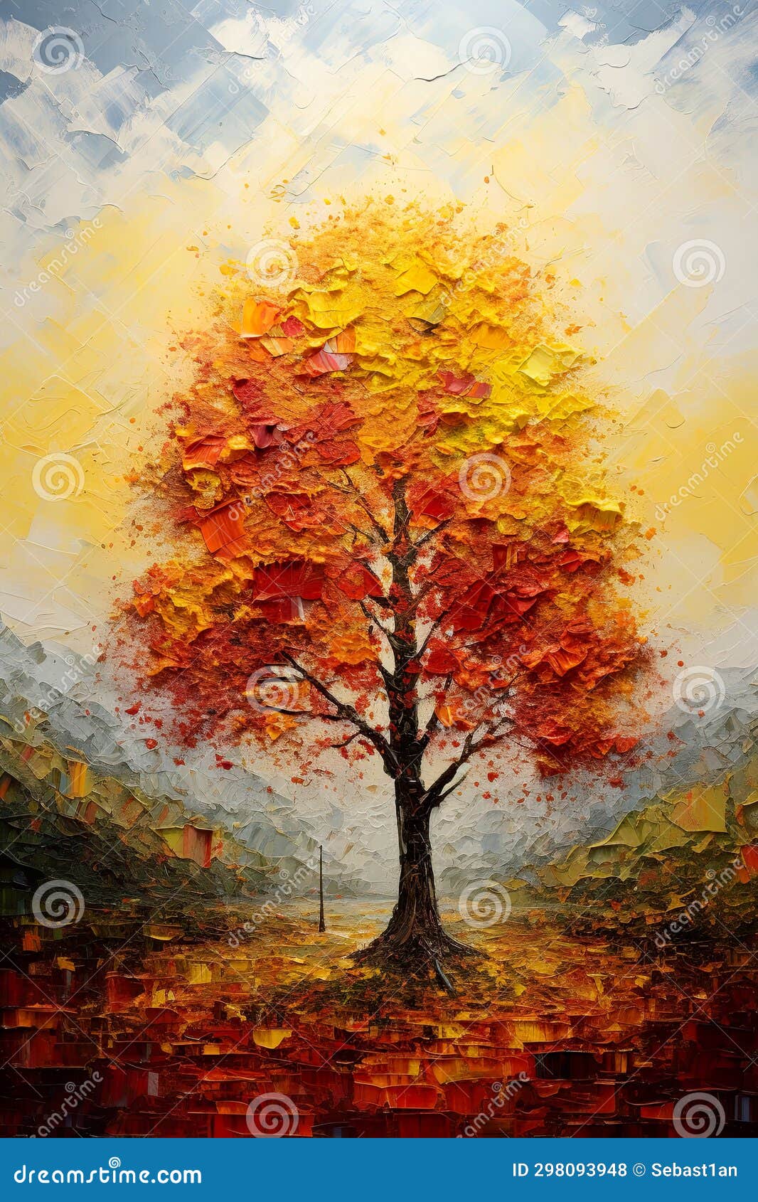 гармония с этой полотняной картиной, изображающей яркое одиночное дерево в оживленном пейзаже. мазки художников создают художественную и спокойную сцену, подчеркивающую яркую палитру и безмятежную атмосферу. аи
