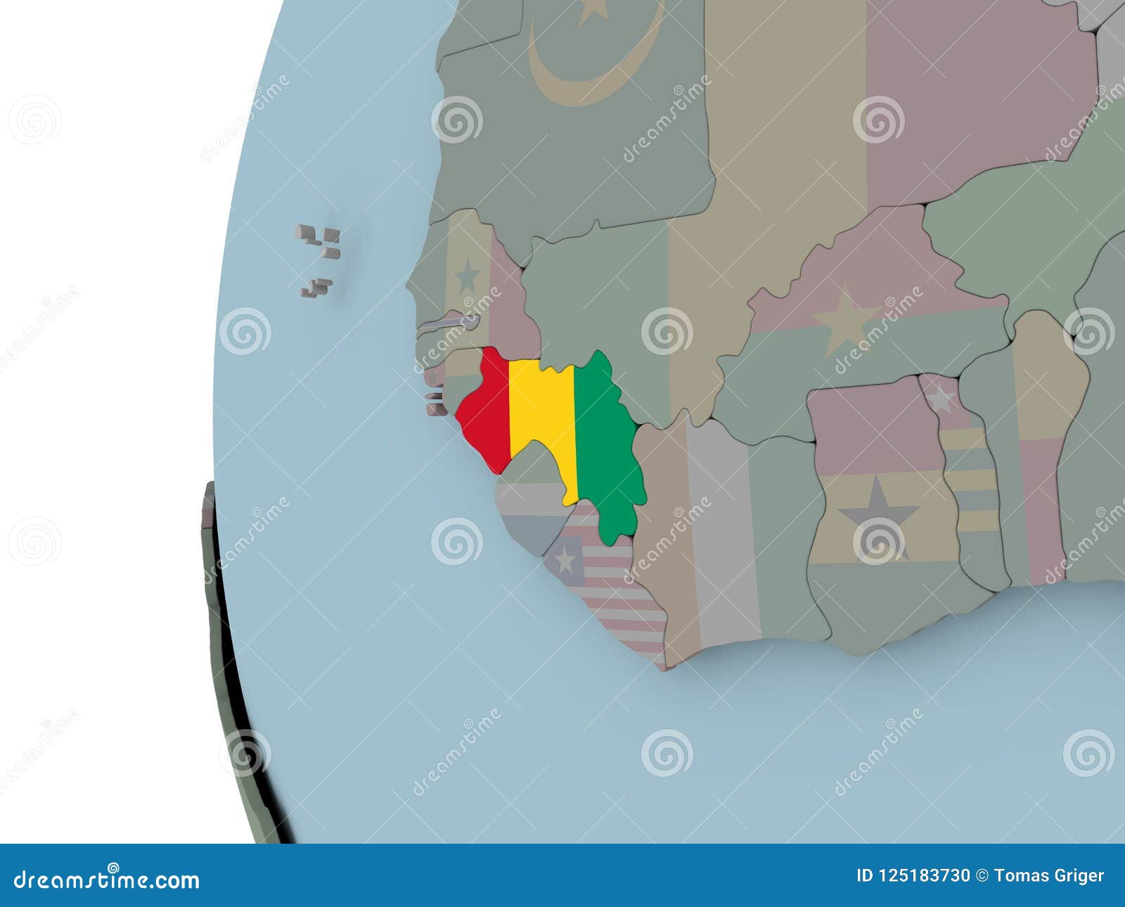 Гвинея с флагом на глобусе. Гвинея с врезанным флагом на политическом глобусе иллюстрация 3d