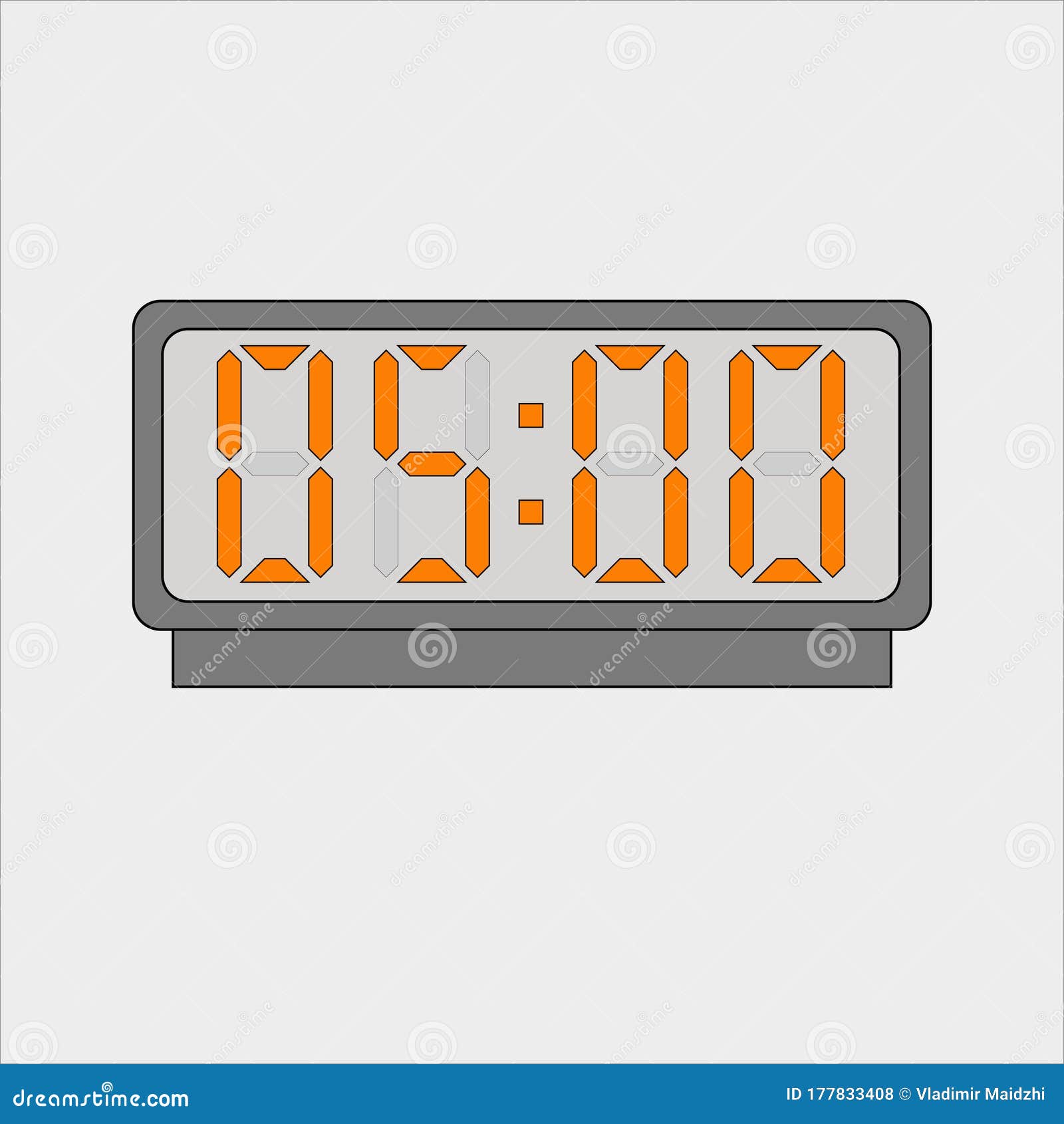 Vector Image or Picture of Digital Clock or Alarm with Orange Figures Showing Time on the Light