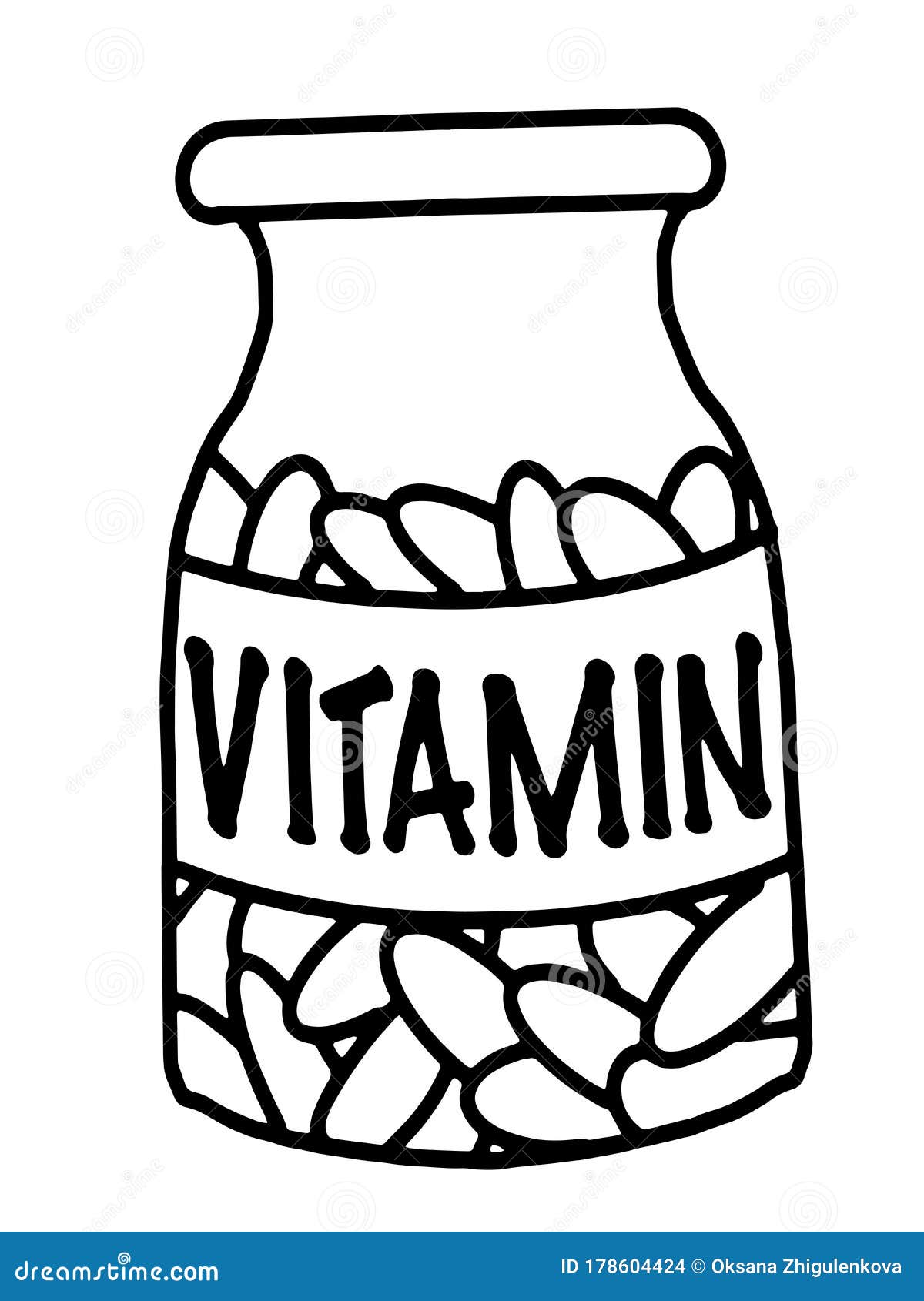 Doodle Style Capsule Vitamins Jar. Stock Vector Illustration of
