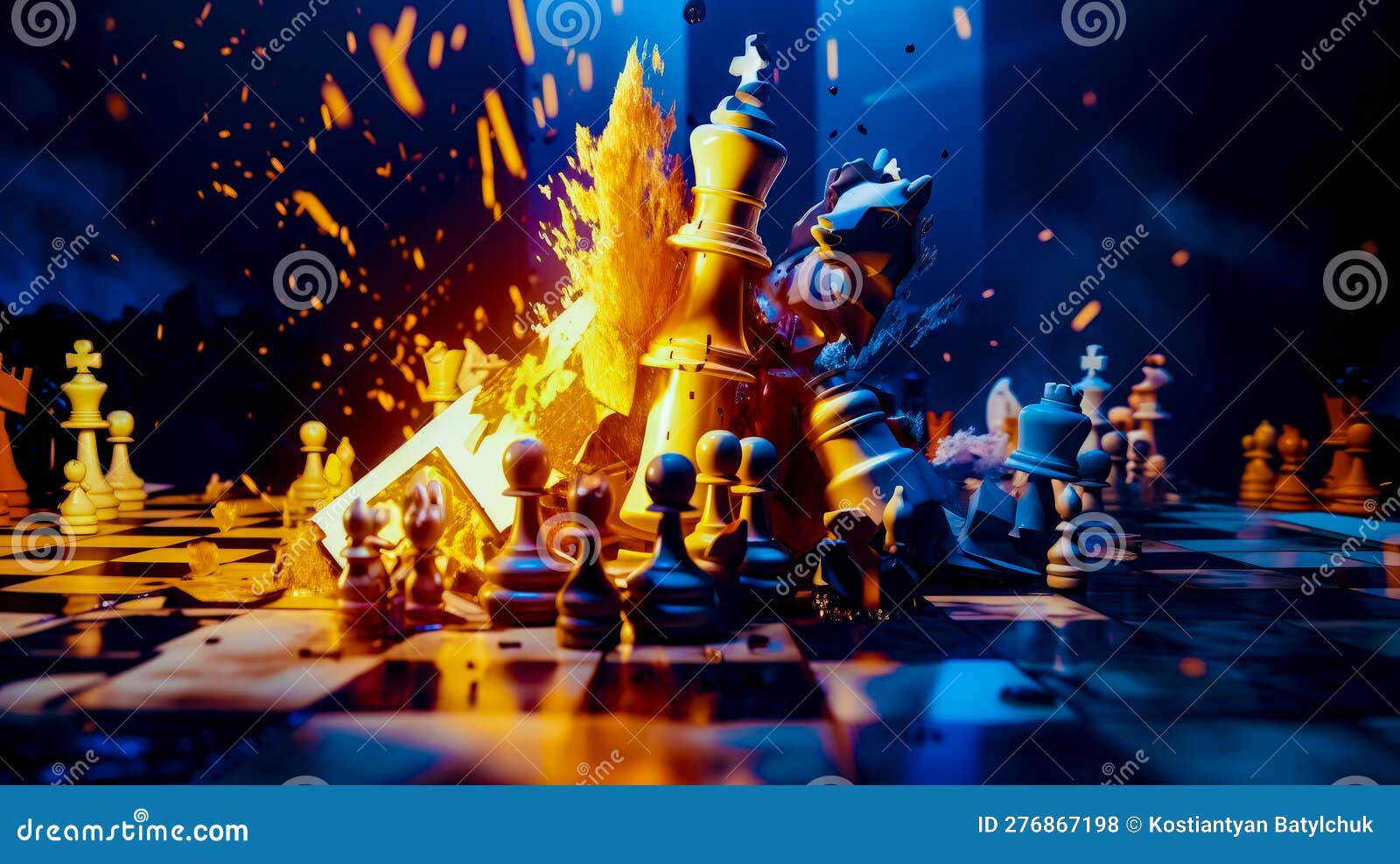 группа шахматных фигур на шахматной доске с конфетти, летящей вокруг ...