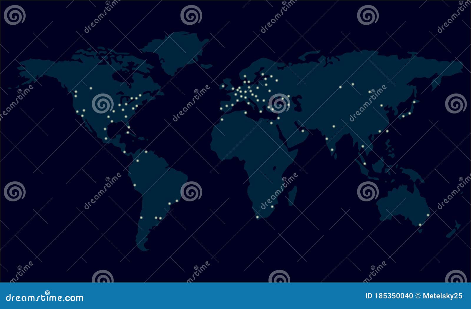 World Map with City Lights. Night View of Earth Map with Glowing City