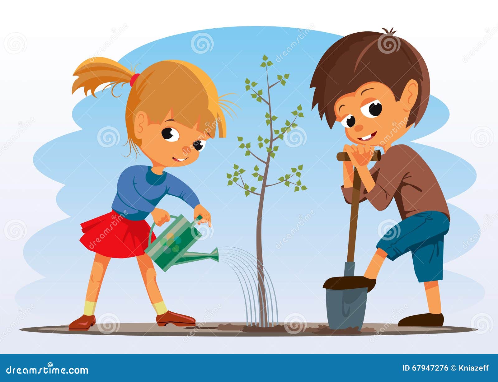 Мальчик и девочка сажают дерево