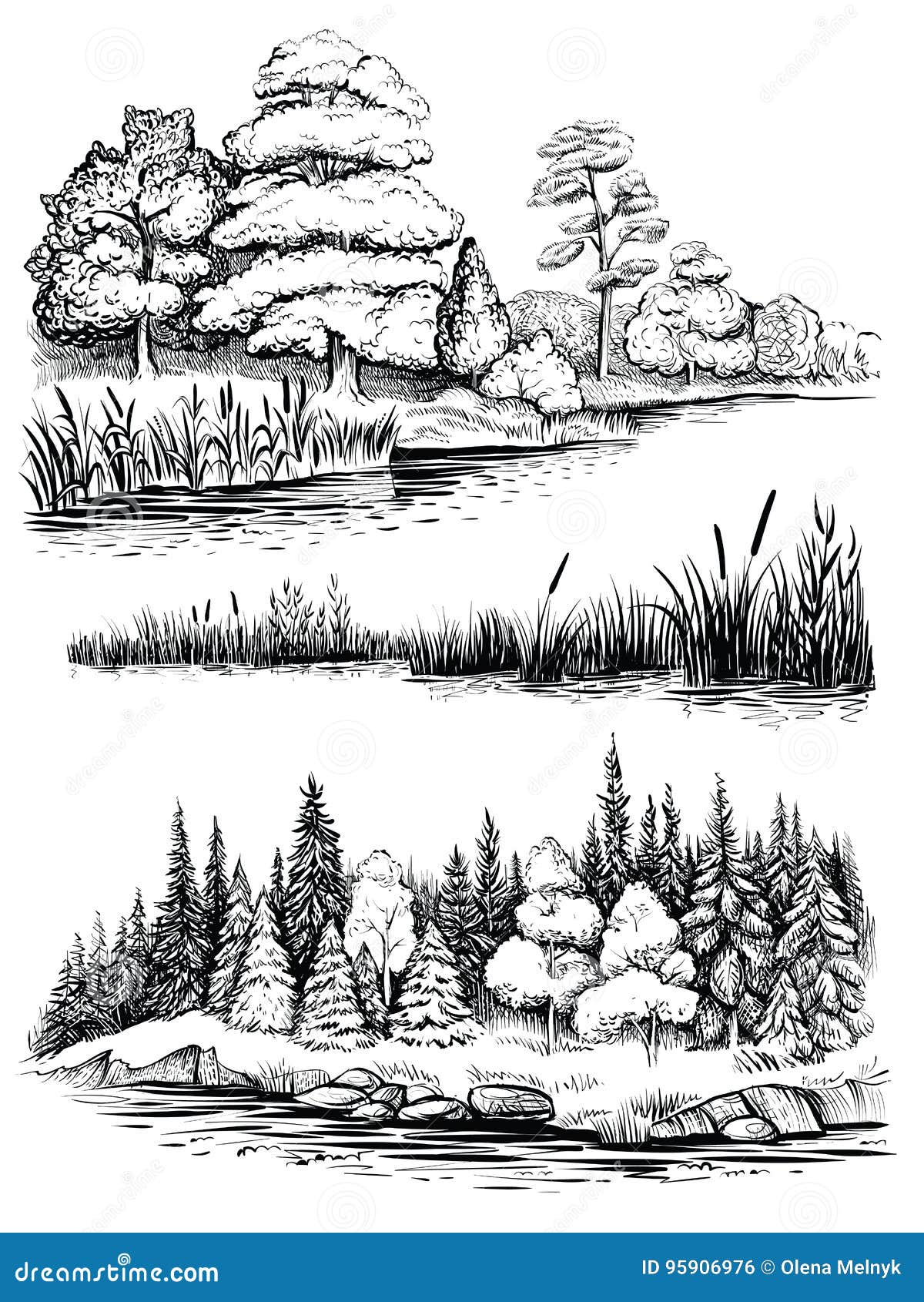 Лес и река эскиз