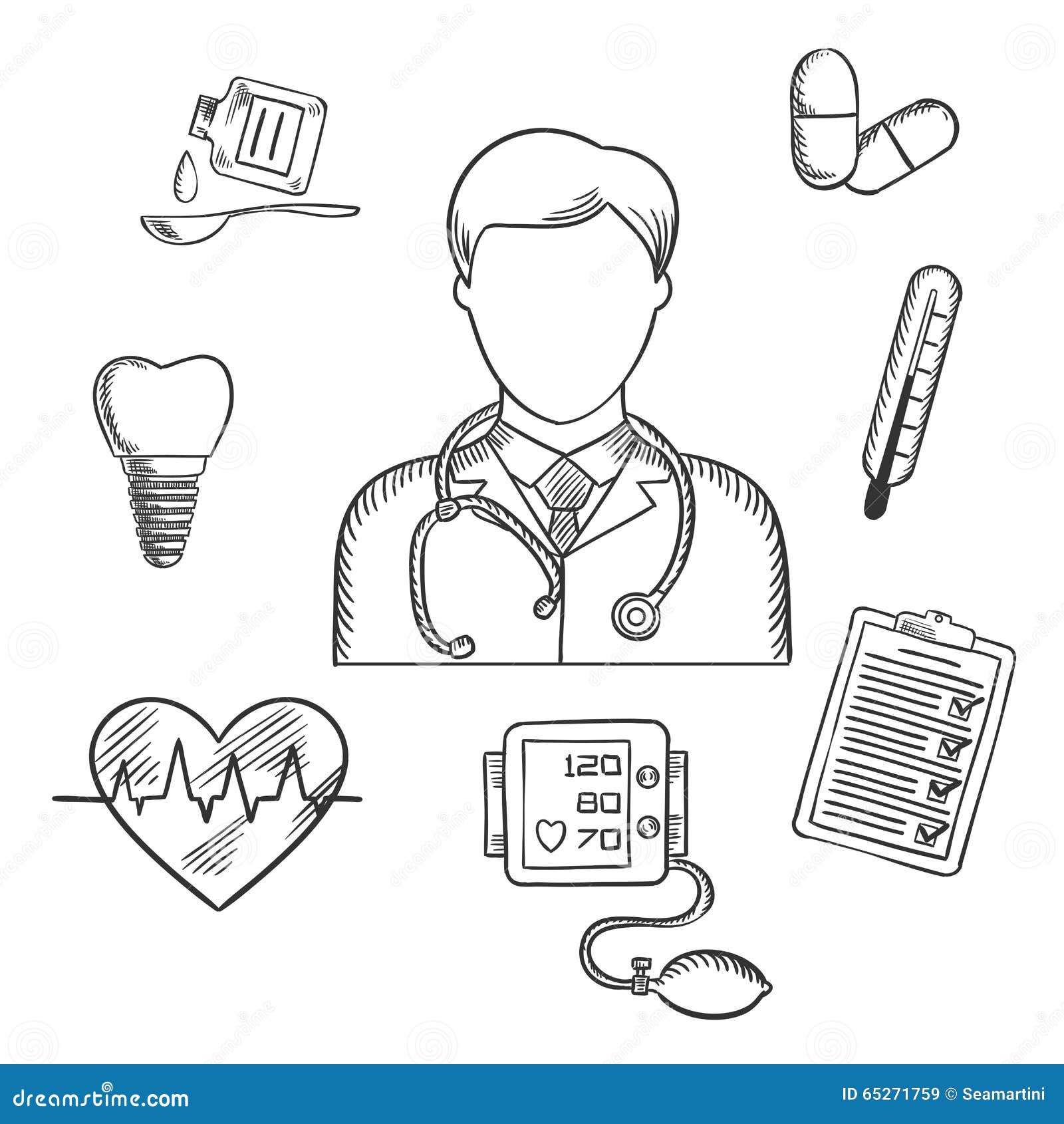 Детали и доктор нарисованные рукой медицинские Иллюстрация вектора