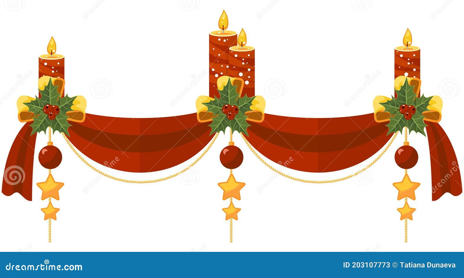 Christmas Decoration Made from Red Ribbon, Burning Candles, Holly and