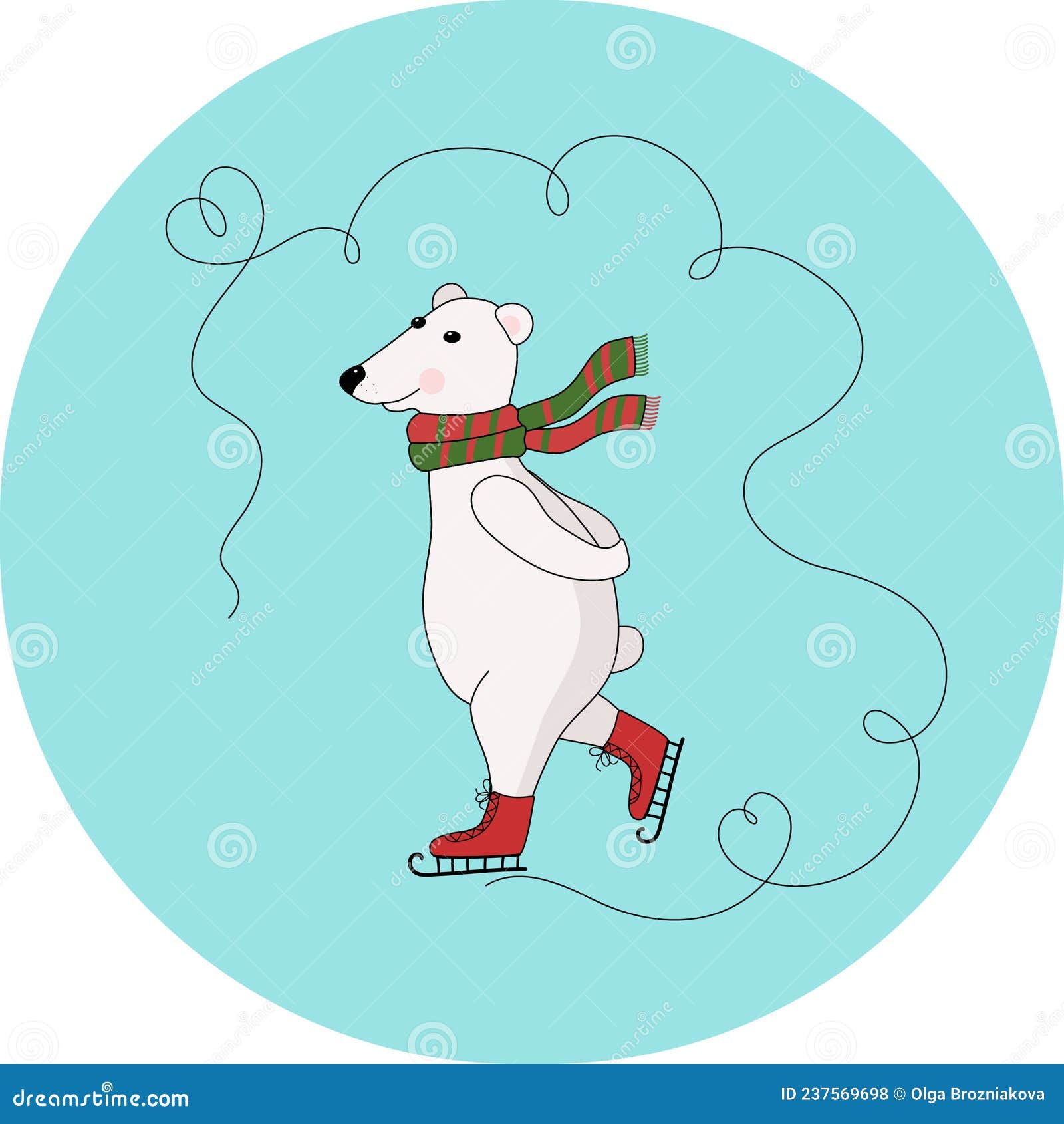 Cartoon White Polar Bear Ice Skating. Arctic Animal in a Scarf. the
