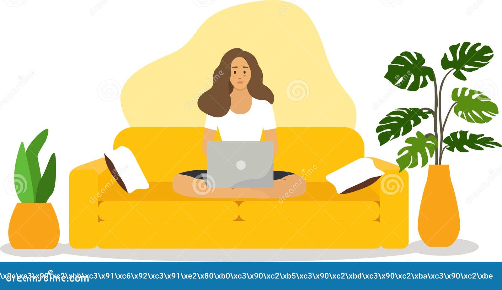 A Girl with a Laptop is Sitting on the Couch. Educational Stock Vector