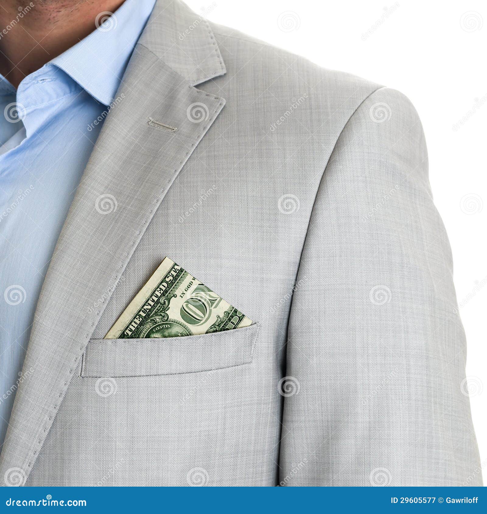 Доллар в карманн. Соединенный заявленный доллар Билл в карманн пальто бизнесмена изолированном на белой предпосылке