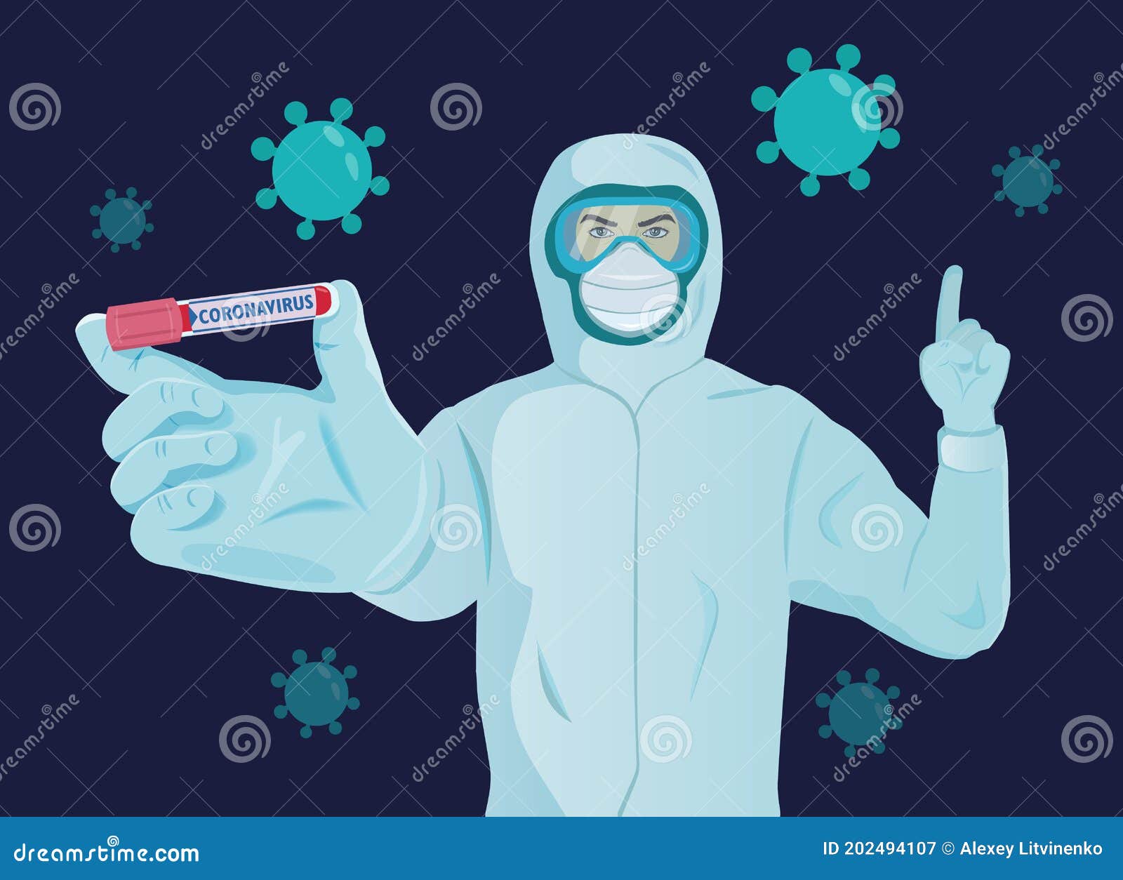 Доктор в синем защитных костюме и маске, имеющих положительный ...