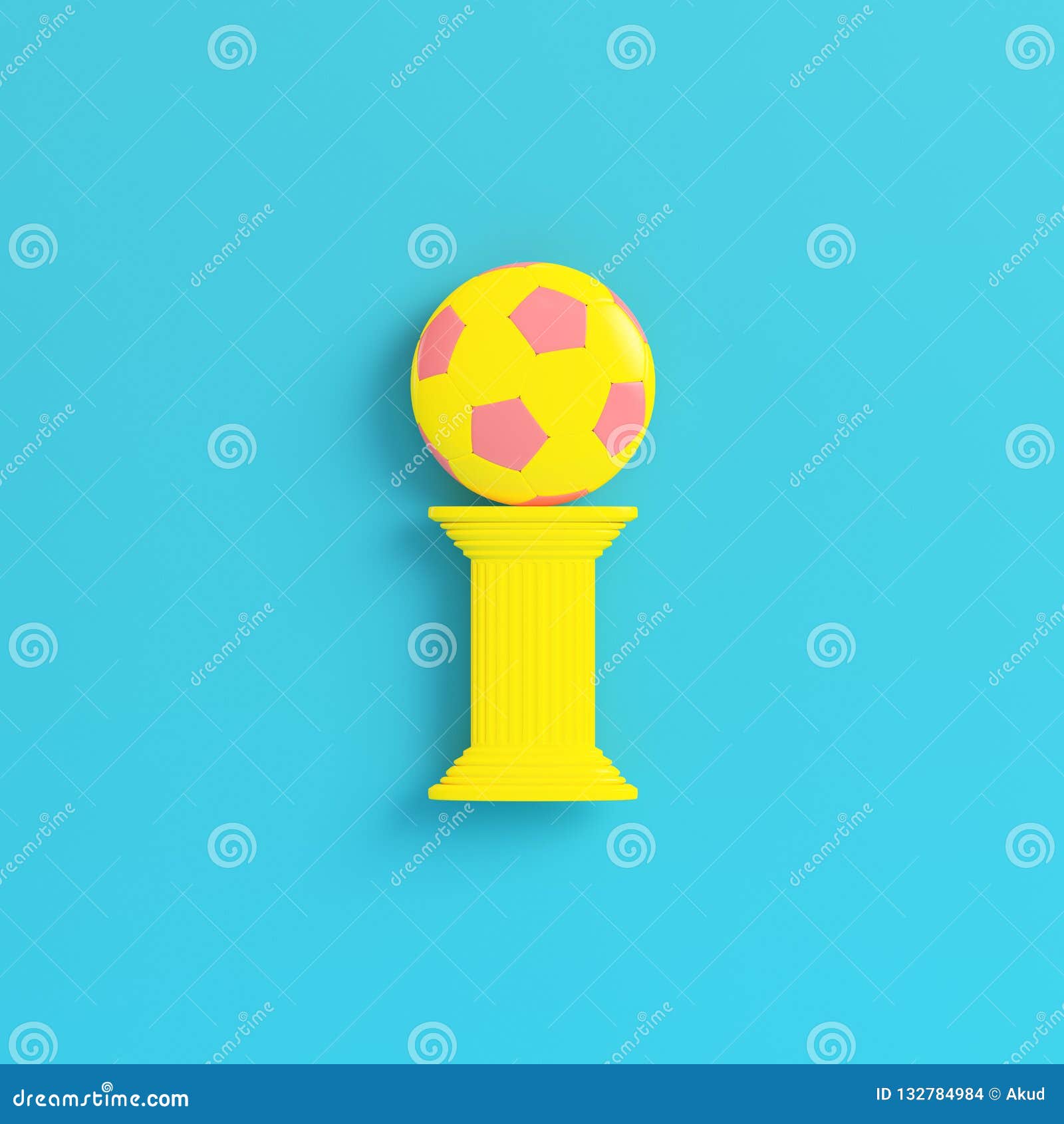 Желтый столбец с футбольным мячом на ярком голубом предпосылки прошлом внутри. Желтый столбец с футбольным мячом на яркой голубой предпосылке в пастельных цветах Концепция минимализма 3d представляют