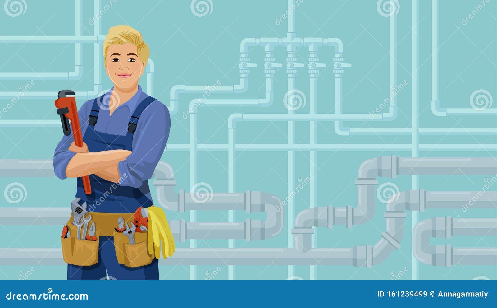 Женщина-сантехник на фоне трубной системы Иллюстрация вектора ...