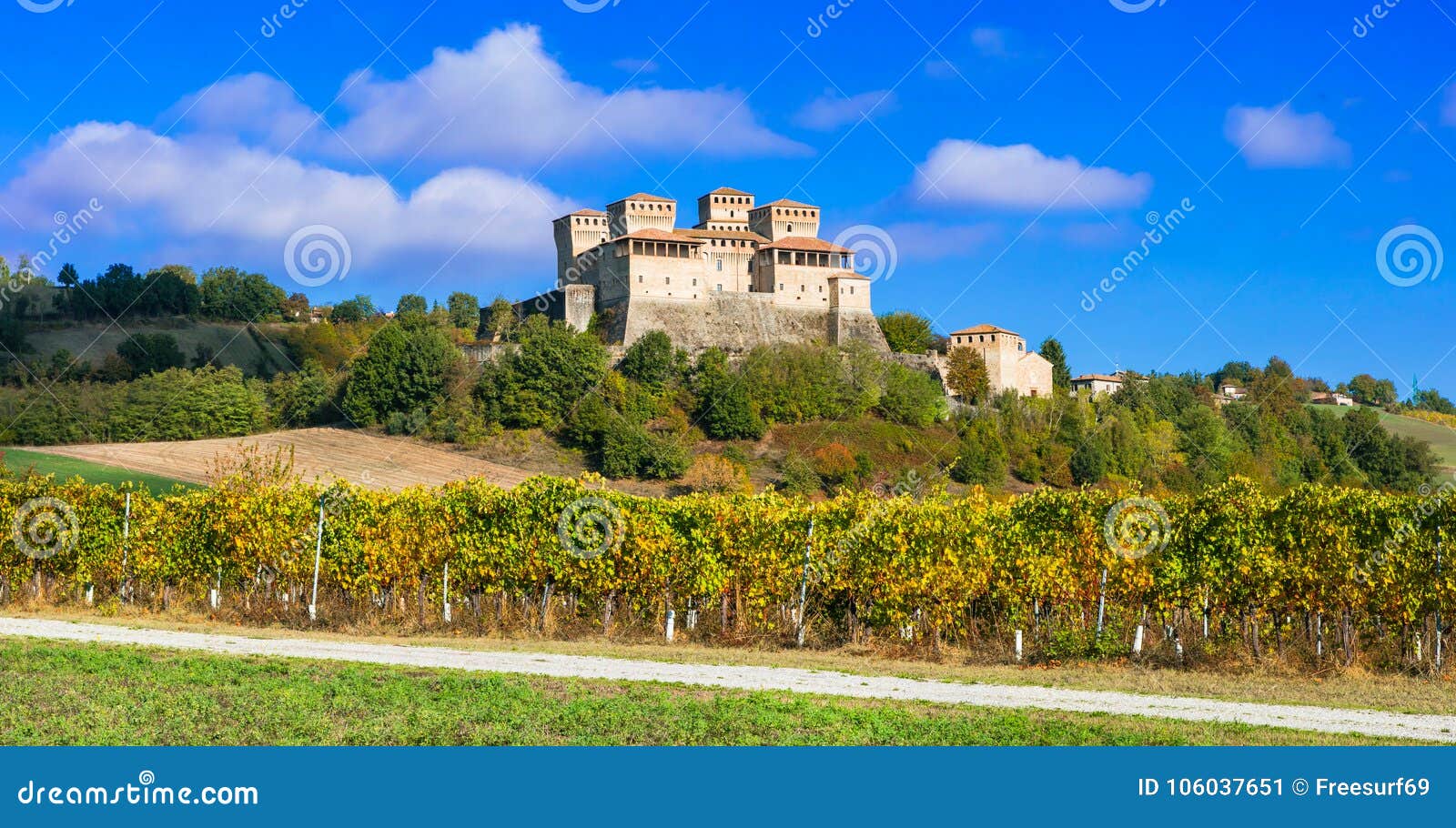 Замки и виноградники Италии - средневекового Castello di Torrechiar. Замок Torrechiara, соперничает с виноградниками, около Пармы, эмилия-Романья, Италия