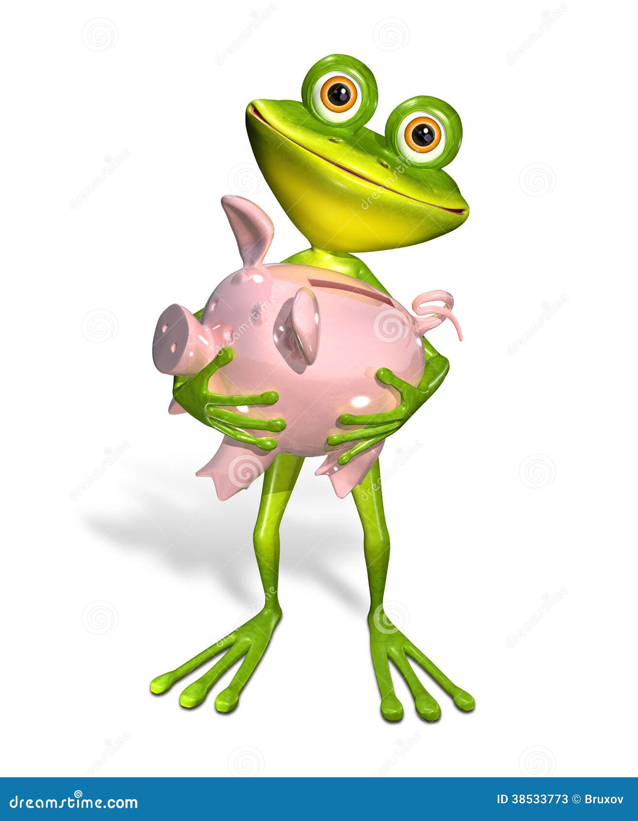 Зеленая лягушка с копилкой. лягушка иллюстрации 3d веселая зеленая с копилкой
