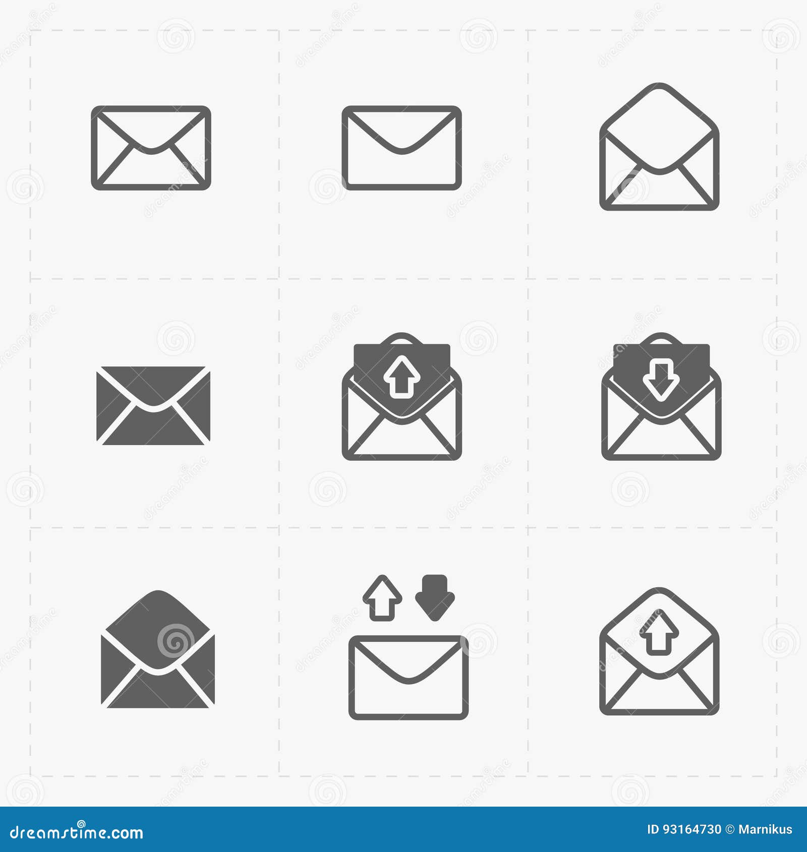 Значки электронной почты и конверта на белой предпосылке Иллюстрация ...