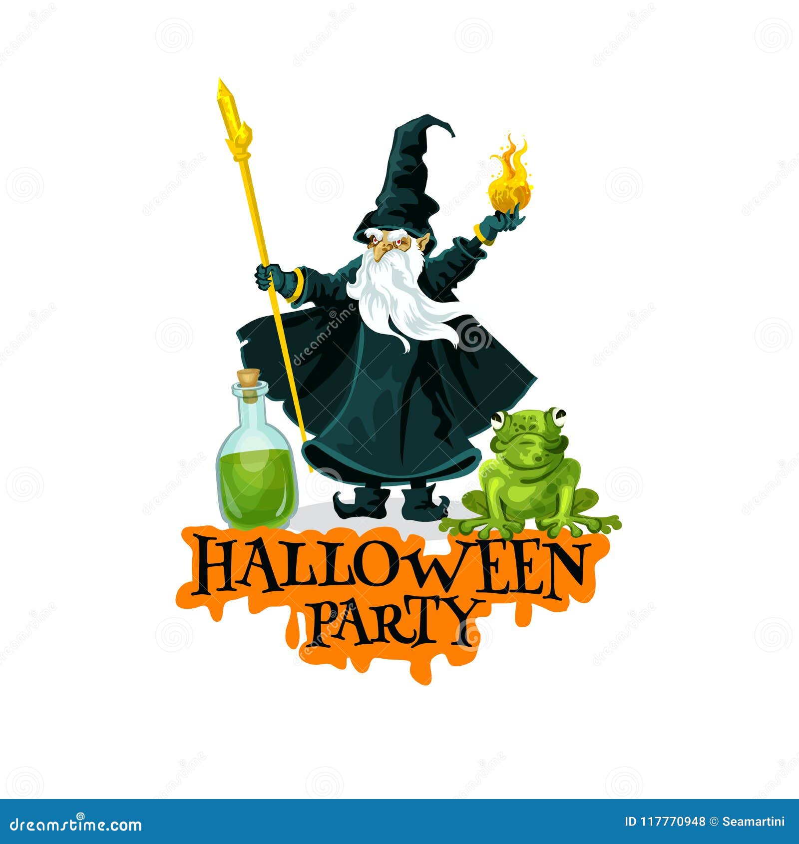 Значок партии хеллоуина праздничный с злим волшебником Старый волшебник в волшебной шляпе с зельем ведьмы и файрбол для поздравительной открытки торжества праздника ужаса осени конструируют