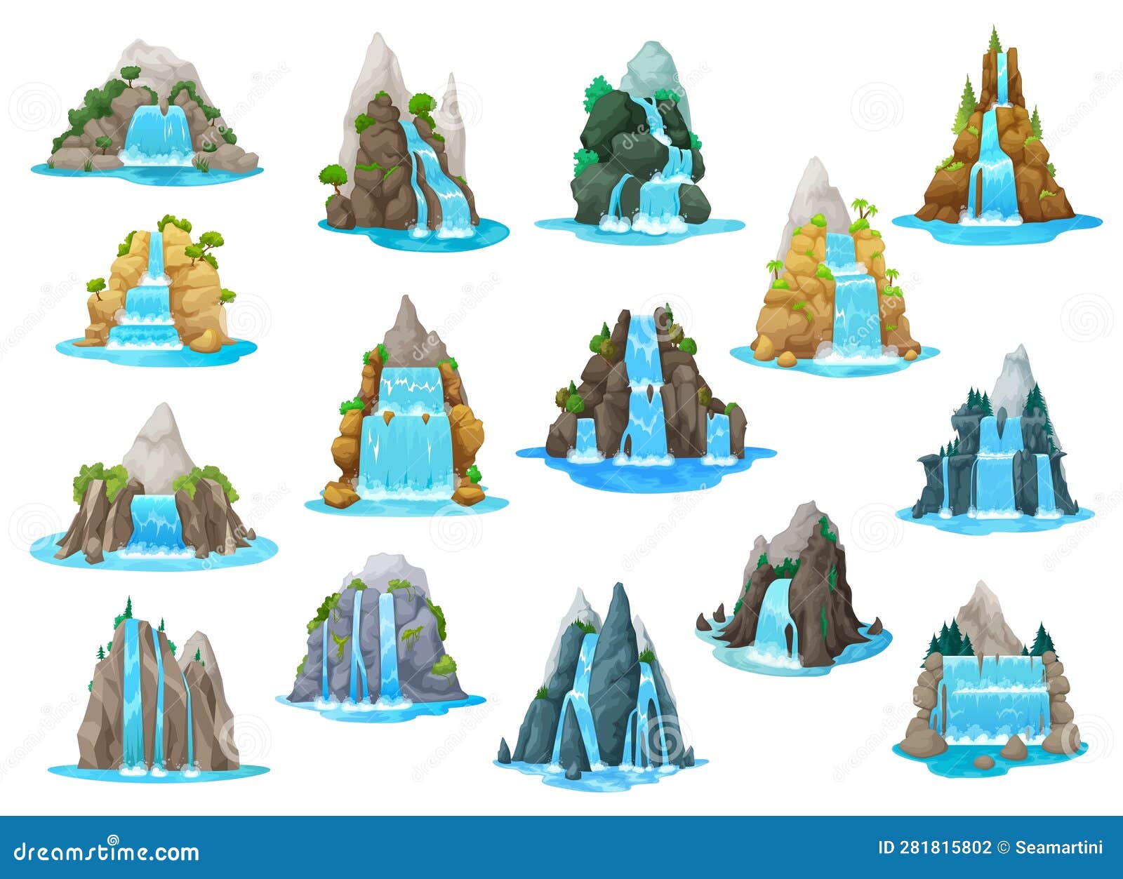 игровой актив мультфильма «водопад» и «каскад воды» Иллюстрация вектора ...