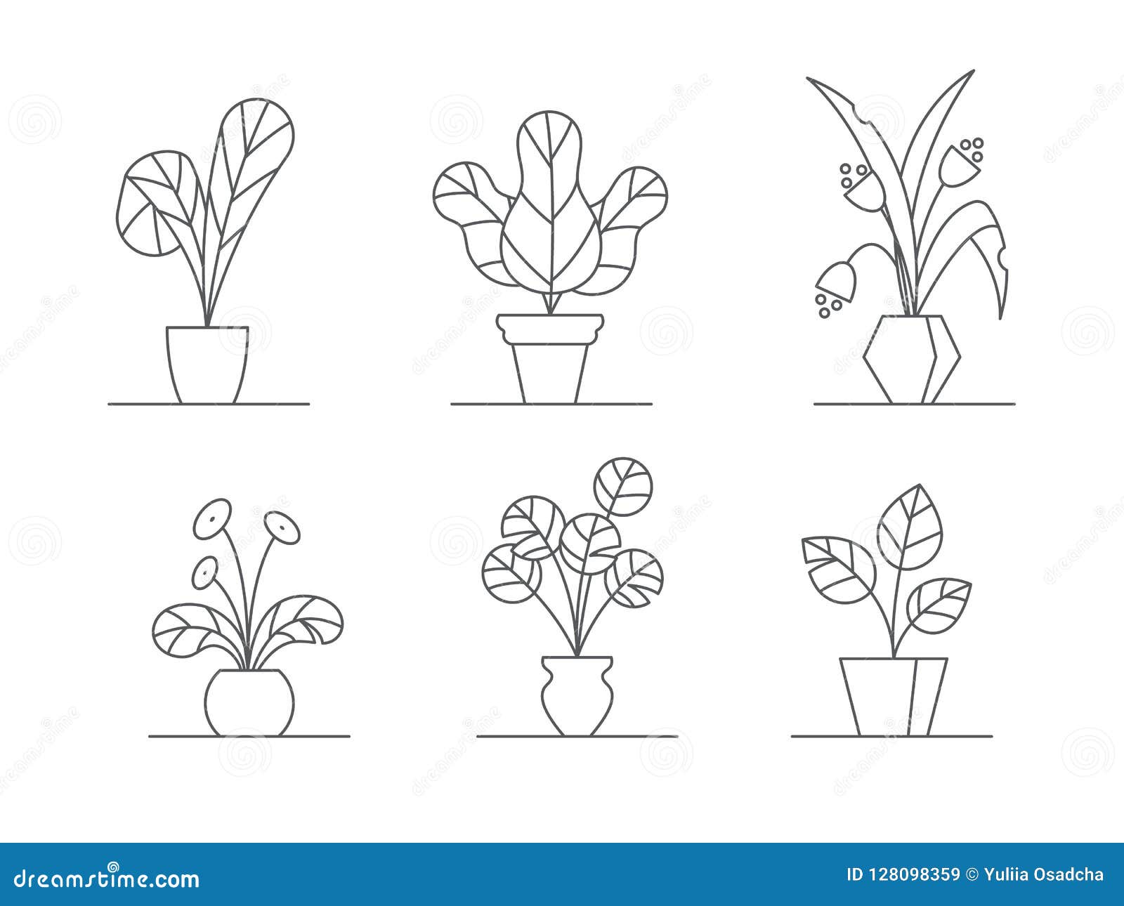 Рисунки линиями растения в горшке цветное