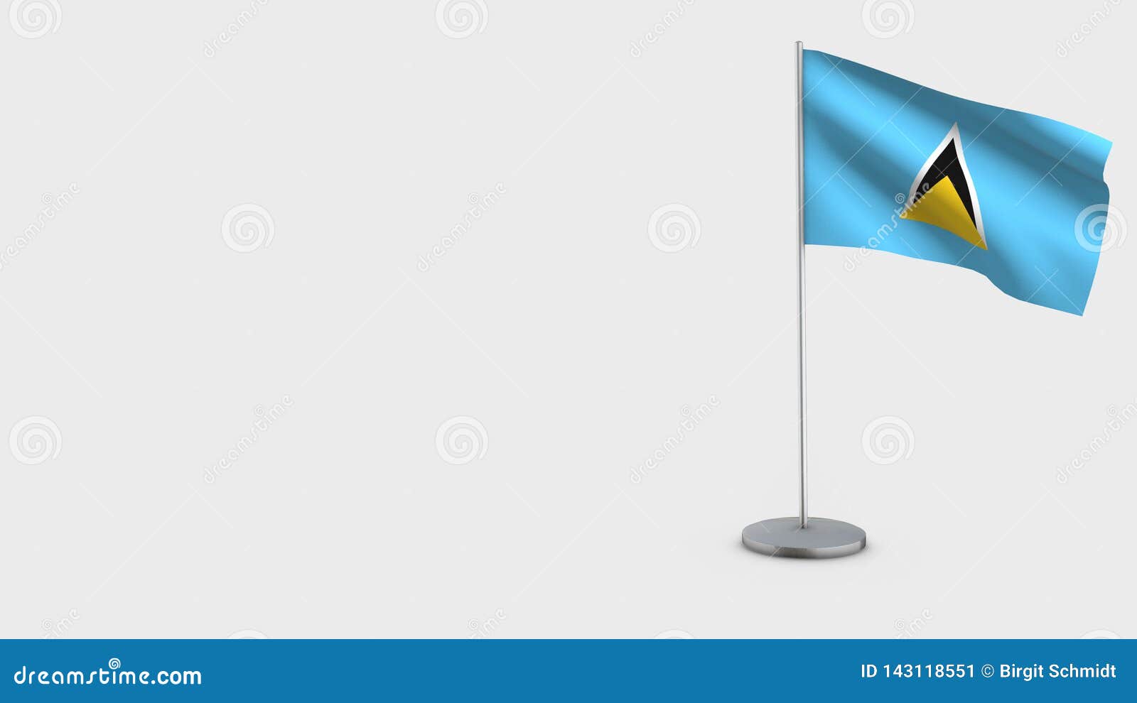 Иллюстрация флага Сент-Люсия 3D развевая. Флаг Сент-Люсия 3D изолированный на белой предпосылке Развевать в ветре на стальном флагштоке