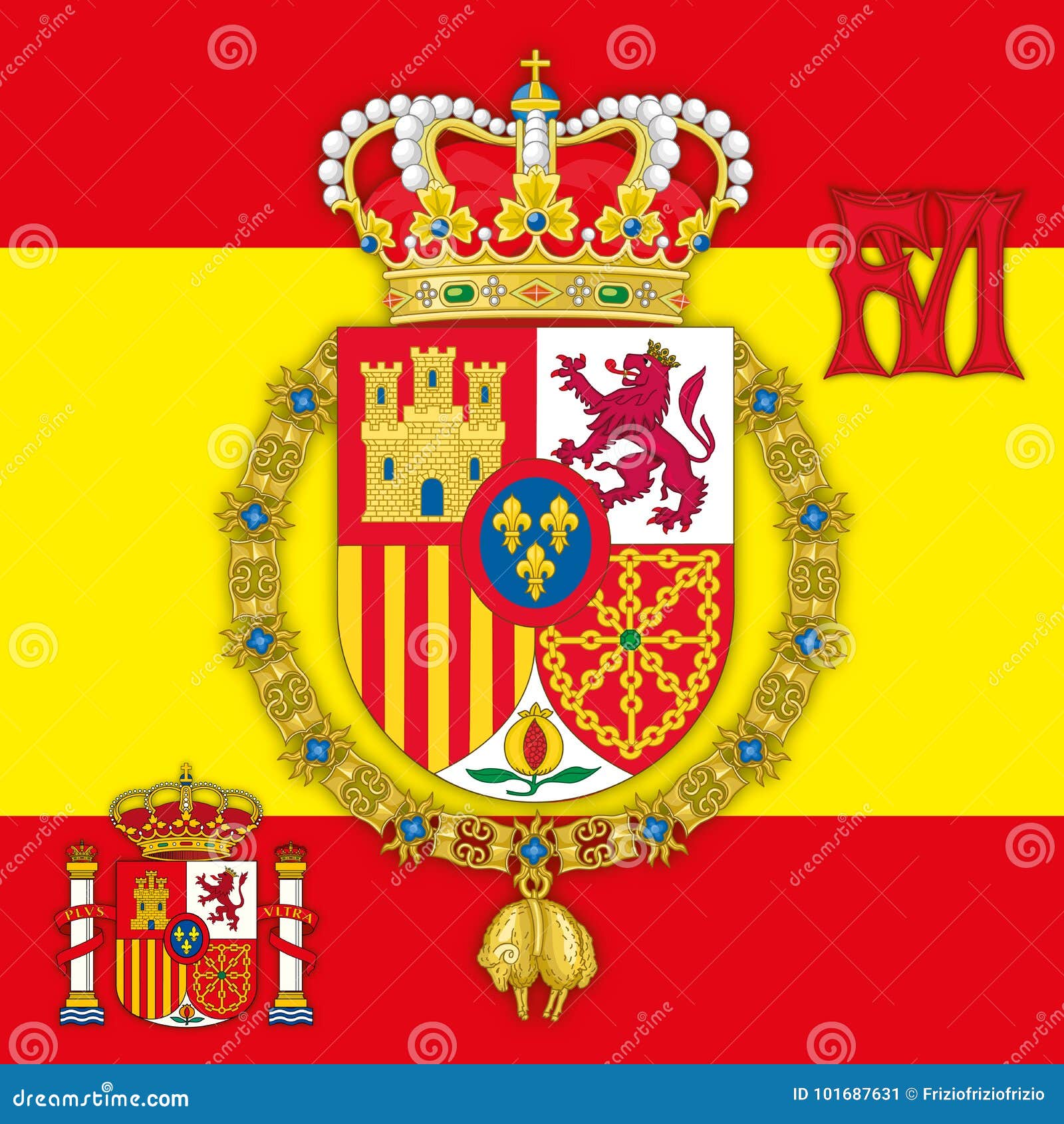 Испания, герб королевства Испании с флагом & вензелем Иллюстрация ...
