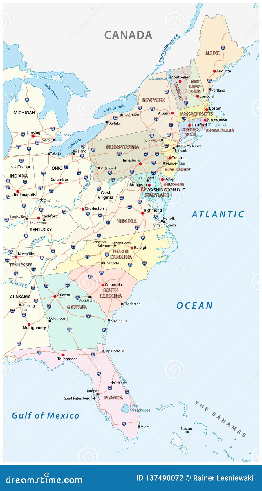 Карта восточного побережья, Соединенные Штаты вектора Иллюстрация ...