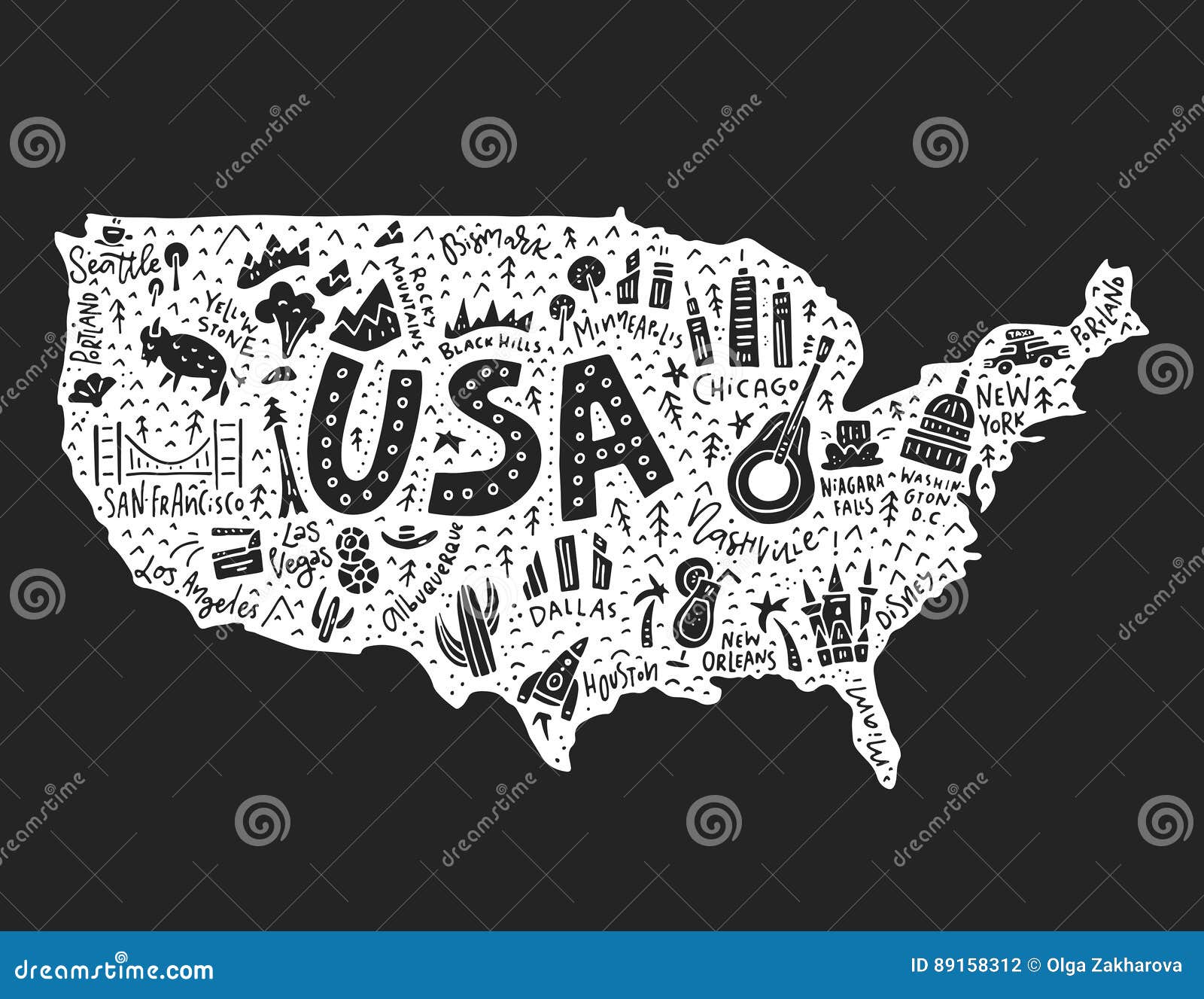 Карта шаржа США. Карта с символами иллюстрации USAvector