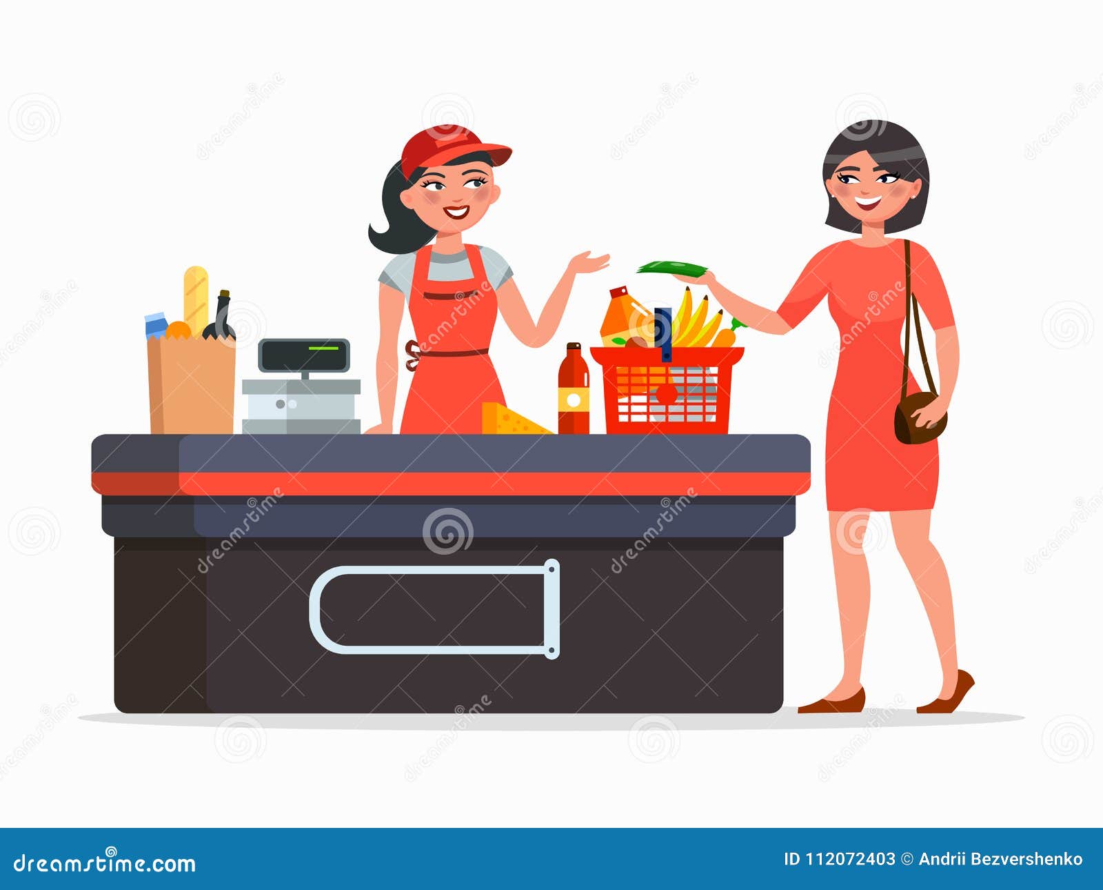 Кассир и покупатель на супермаркете Vector плоская иллюстрация ...