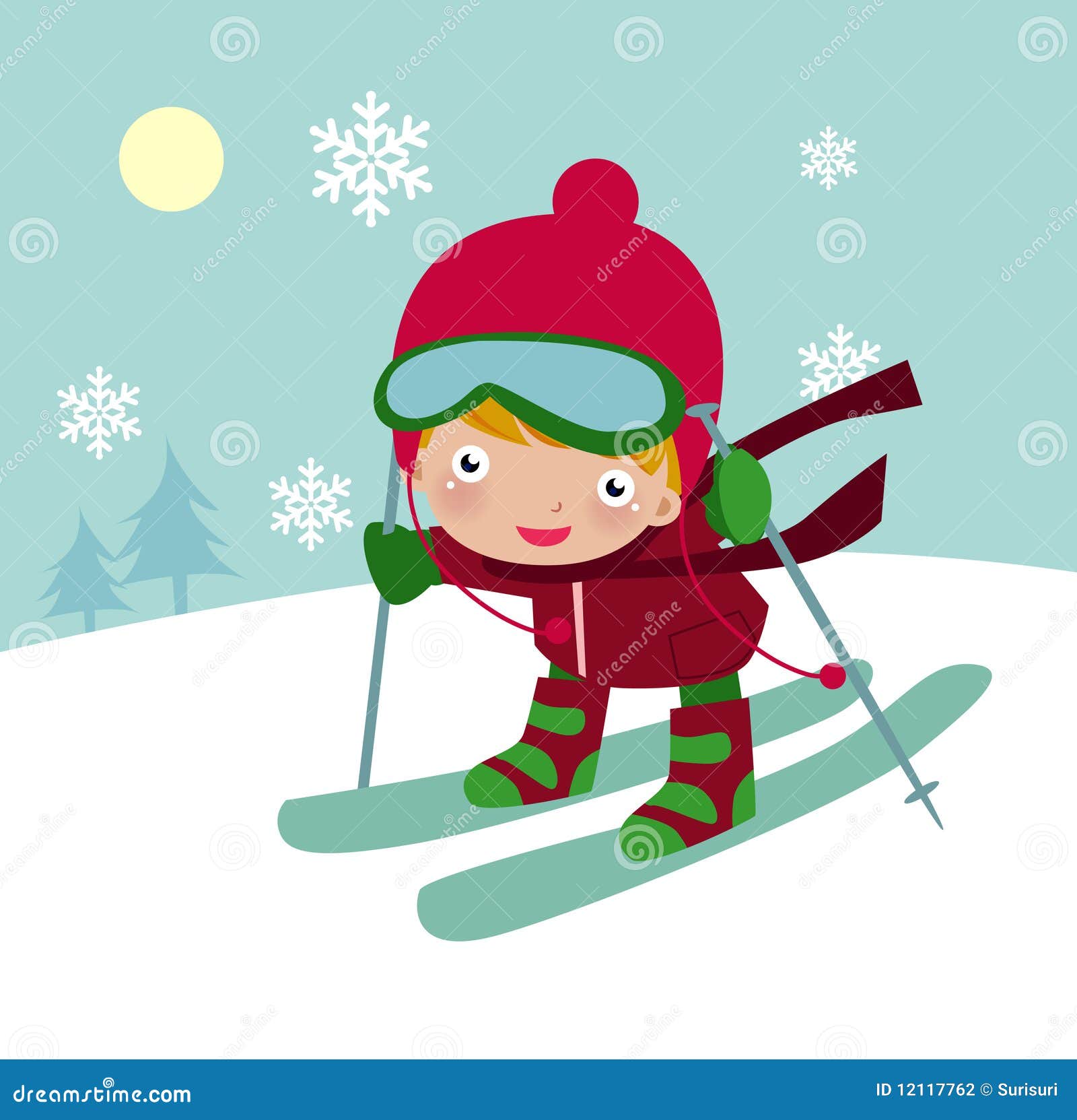 Мальчик катается на лыжах мультяшный