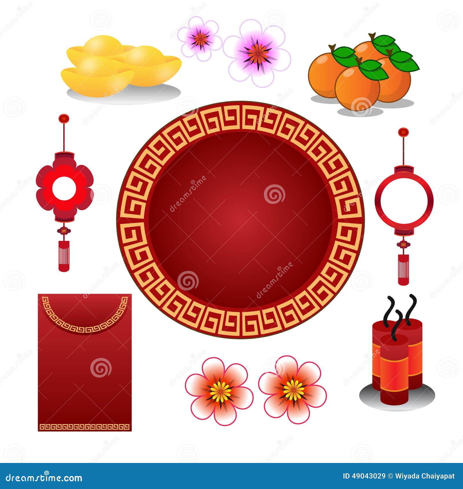 китайское Новый Год украшения. Китайское украшение Нового Года, апельсин, цветок, glod
